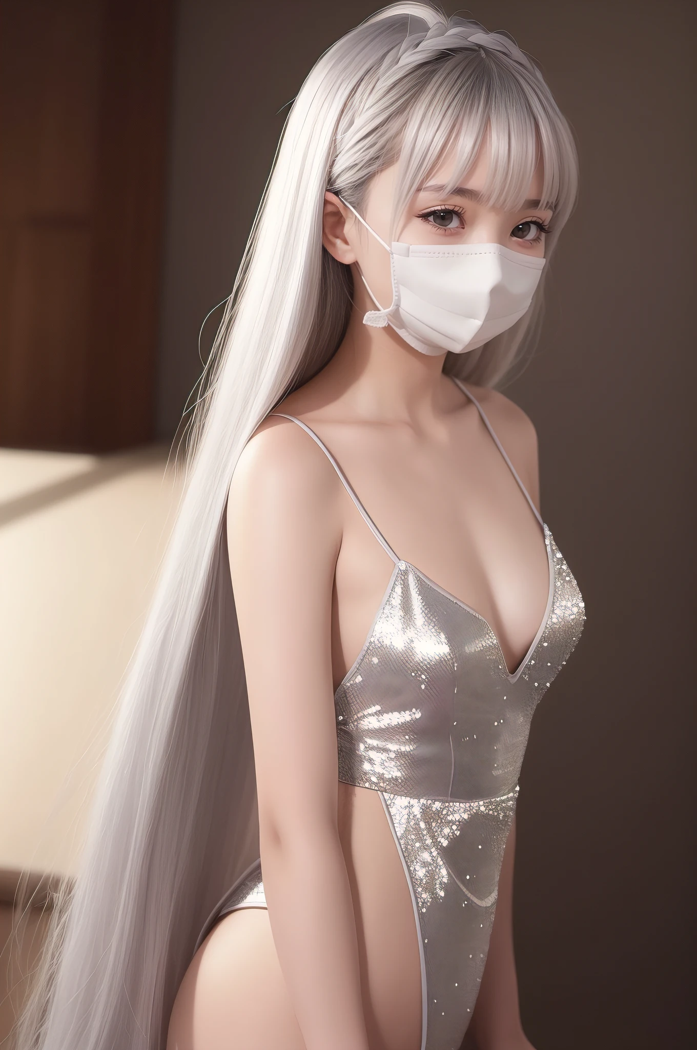 silber hair，Lateral hair combing，mouth mask，the maid outfit，Textured skin，Best quality at best，超高分辨率，Background bokeh，Cinematic lighting effects，（真实感：1.4），1girl，tmasterpiece，exteriors，full bodyesbian