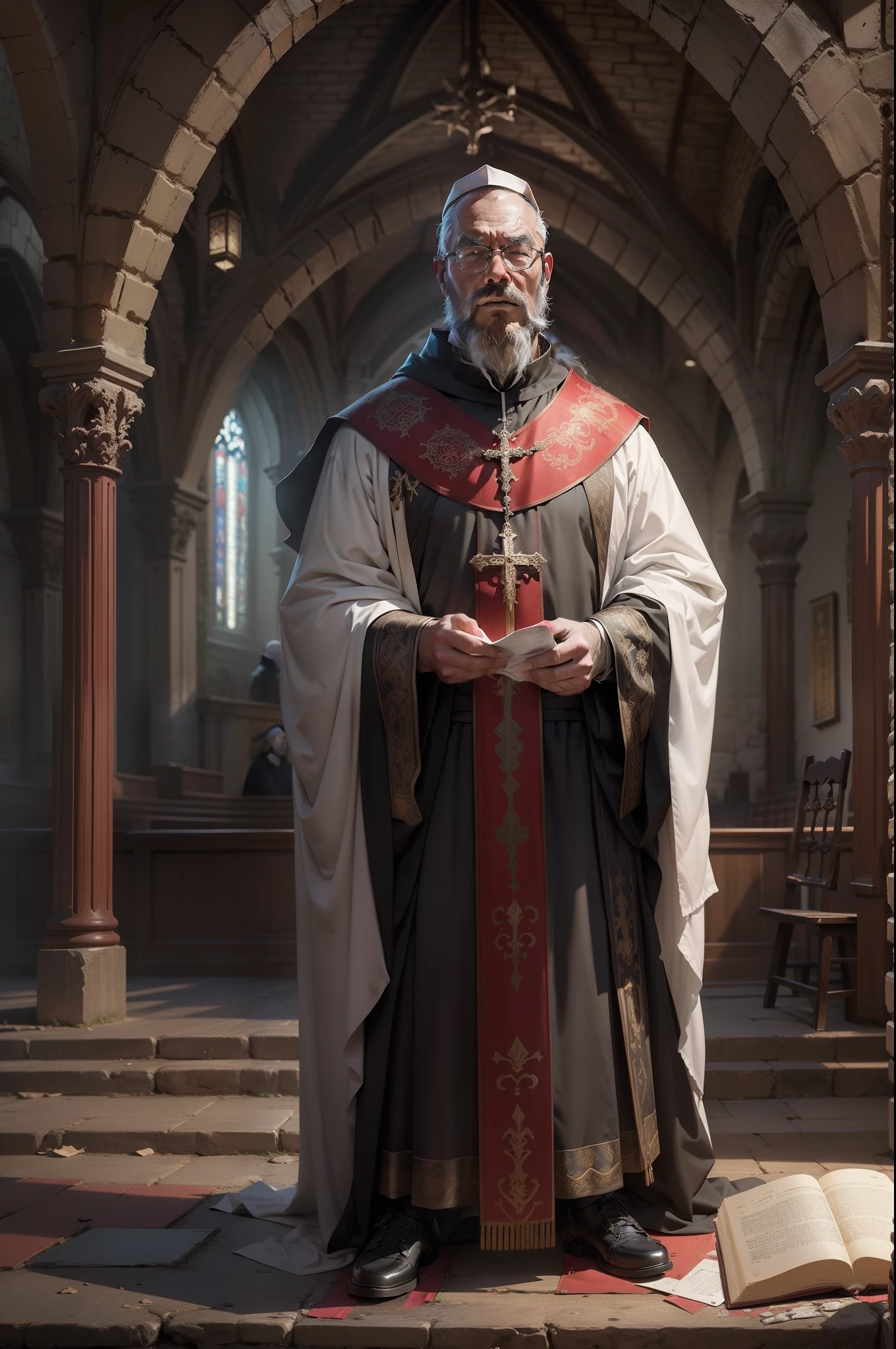 Best quality, 超高分辨率, a adult man,A bearded priest,Stand on the floor of the church hall，medieval，Gothic style took the lead，greg rutkovsky ，On the popular trend of the art station