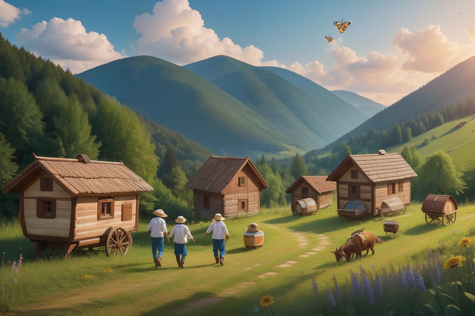 Year: 2022
Country: Ukraine
Description: In the picturesque village of Yaremche nestled in the Carpathian Mountains, a father and his two young sons dressed in colorful embroidered shirts tend to their beehives. The lush greenery and wooden beekeeping equipment create a quaint and vibrant scene.