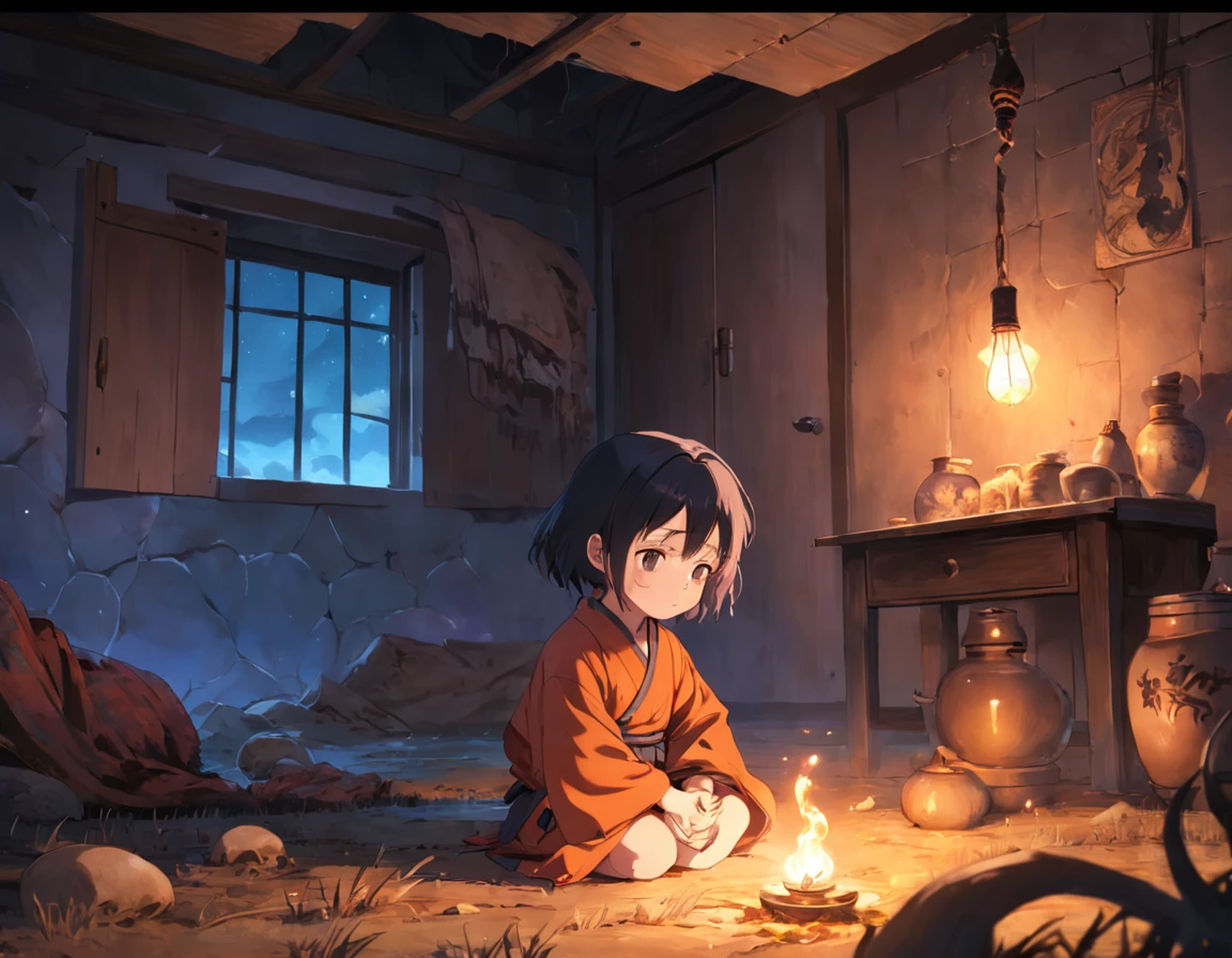 tmasterpiece, best qualityer, 8k wallpaper,A newborn,(Boy:1.3),Wrapped in a quilt,Lying on a rural earthen kang,The background is the night farmhouse,The oil lamp in the room was on,Scary atmosphere