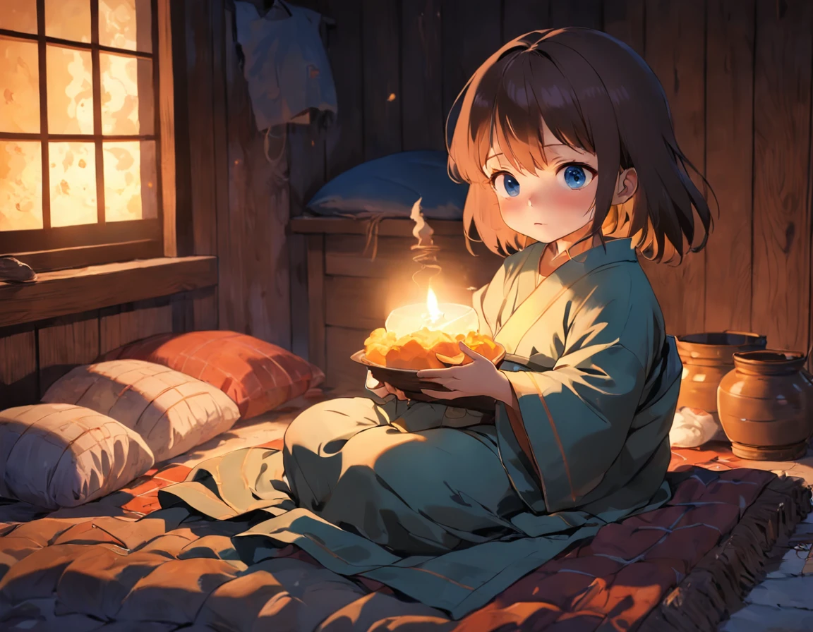 tmasterpiece, best qualityer, 8k wallpaper，A newborn，（Boy：1.3），Wrapped in a quilt，Lying on a rural earthen kang，The background is the night farmhouse，The oil lamp in the room was on，Scary atmosphere