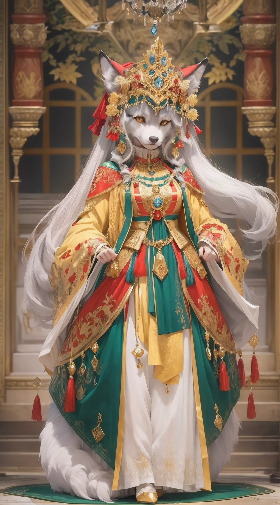 wolf head, human body, luxurious royal-style costumes, yellow costumes are the main color combined with red and blue and black, costumes with many intricate details, wearing lots of gold jewelry, The whole body and legs wear noble shoes, dignified posture, ((wistful eyes))
