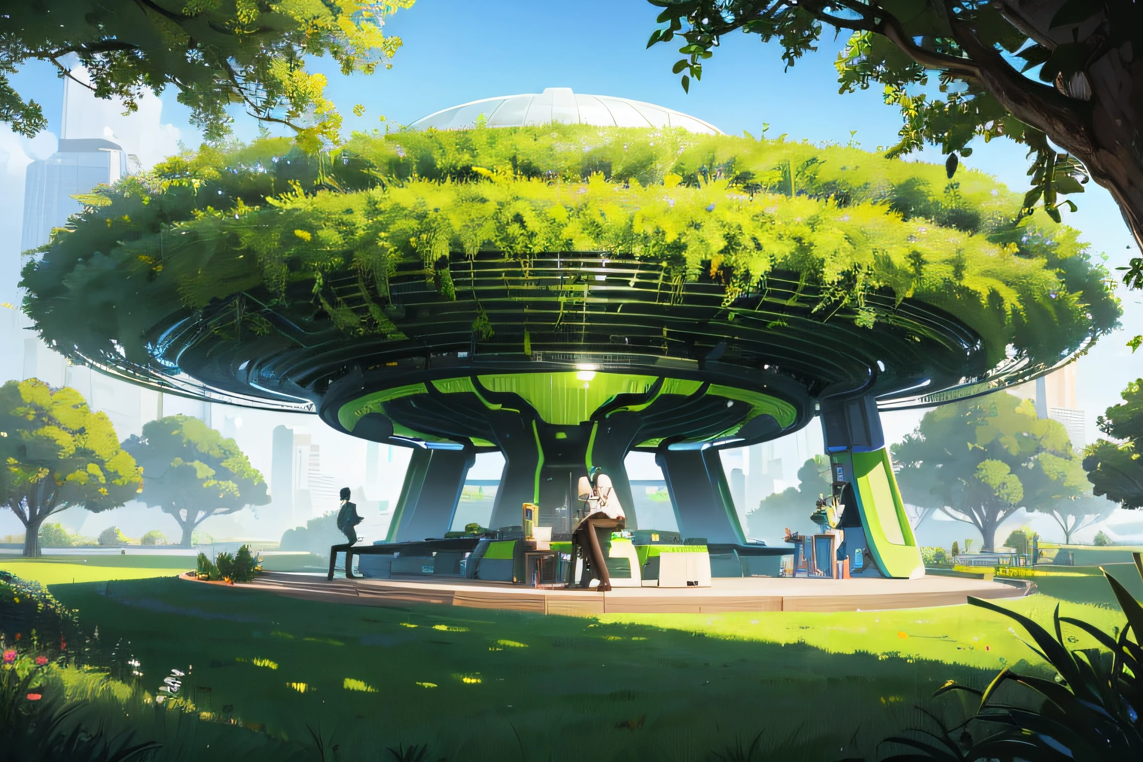 futuristic park cafe, with trees, grass, park ecology is strictly protected and environmentally friendly energy and futuristic buildings are the only permitted forms of structure, ecology, solarpunk, HD in the style of ethereal semi-transparency, human silhouette