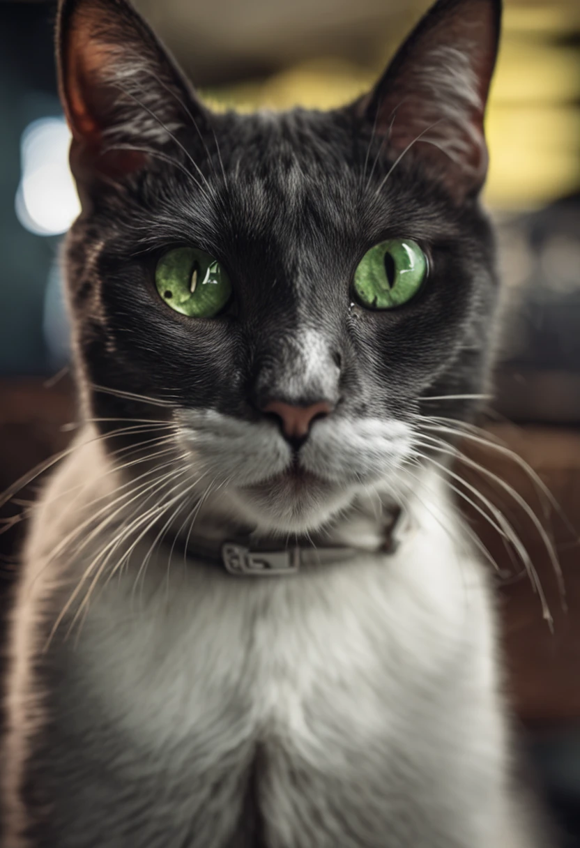 Quiero un gato mirando de frente de pelaje negro y blanco con ojos verdes y que tenga un mando de xbox en las manos