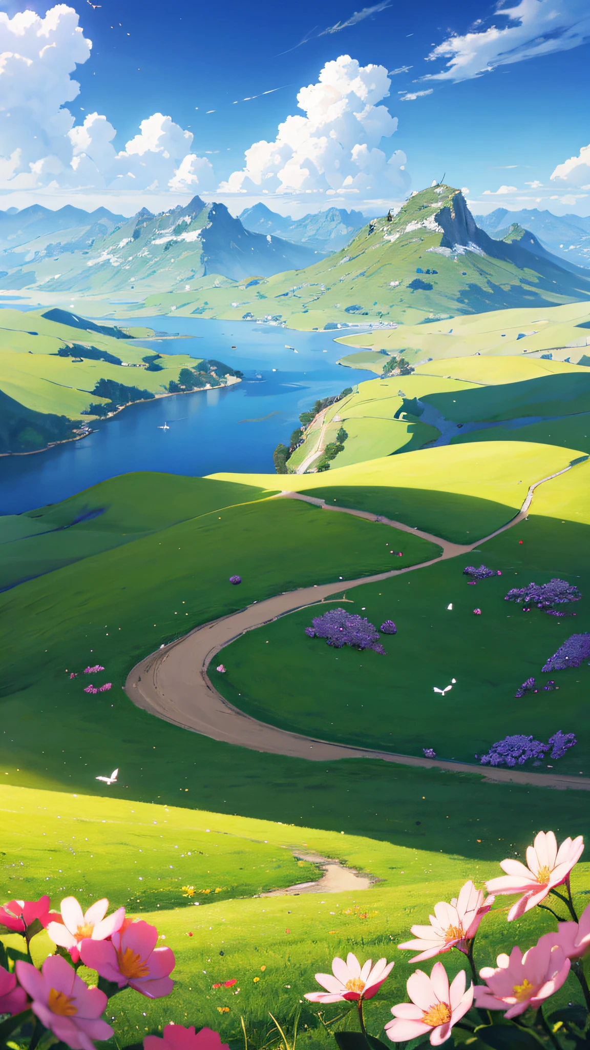 夏天,grassy fields,A few small flowers,clear lakes,sheeps,a paradise,Large clouds,blue-sky,scorching weather,high definition detail,Hyper-detailing,cinematic ligh,ultra-realistic realism,the soft light,Pure scenery,Deep field focus bokeh,The vista in the distance is snow-capped mountains,Ray tracing and surrealism。 --v6