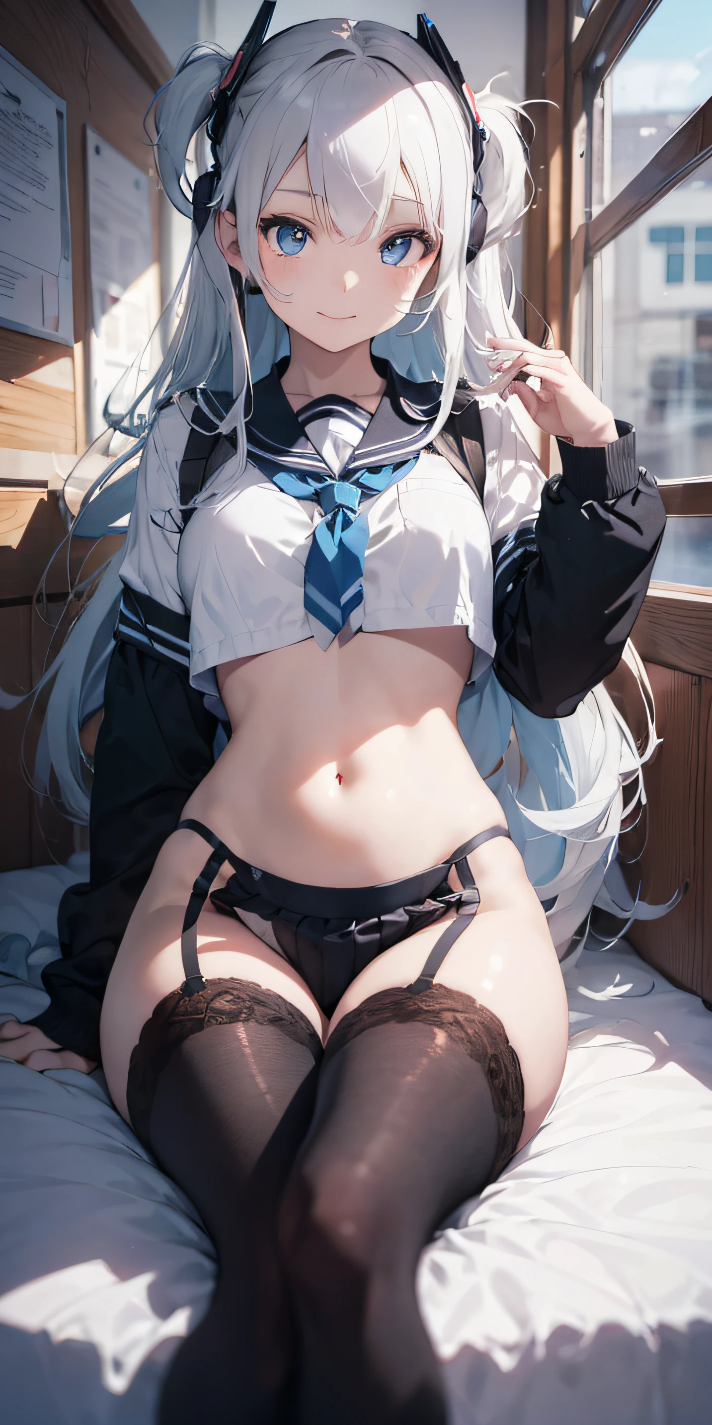 1girll, Beautiful detailed eyes, Long white hair, light blue  eyes, school uniform, black lence stockings, Glossy glossy skin, get down on the bed，Turn your head to look at the picture，ssmile，Headsets，Full body painting，High contrast, ((Masterpiece, Best quality))