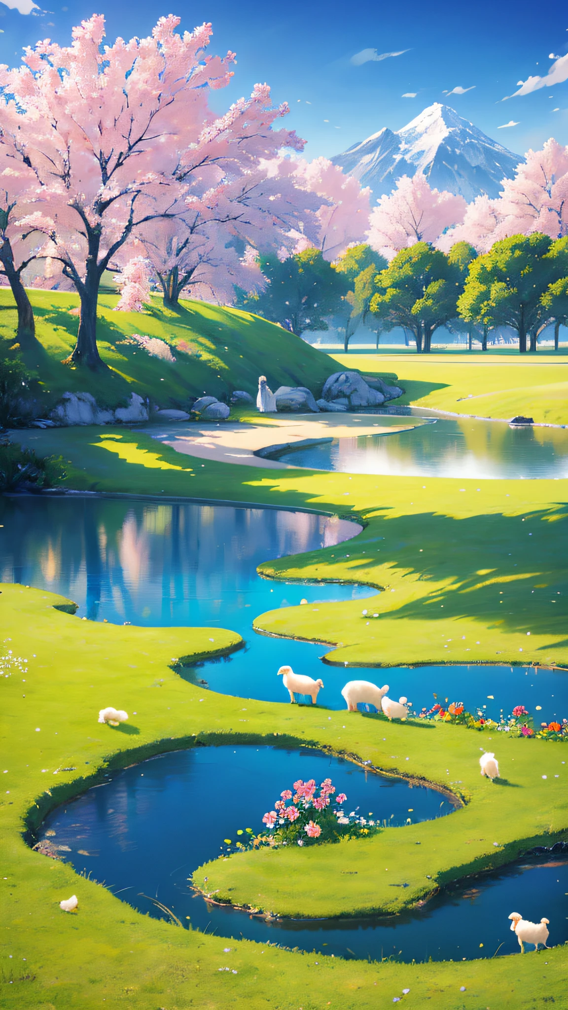夏天,grassy fields,A few small flowers,clear lakes,sheeps,a paradise,Large clouds,blue-sky,scorching weather,high definition detail,Hyper-detailing,cinematic ligh,ultra-realistic realism,the soft light,Pure scenery,Deep field focus bokeh,The vista in the distance is snow-capped mountains,Ray tracing and surrealism。 --v6