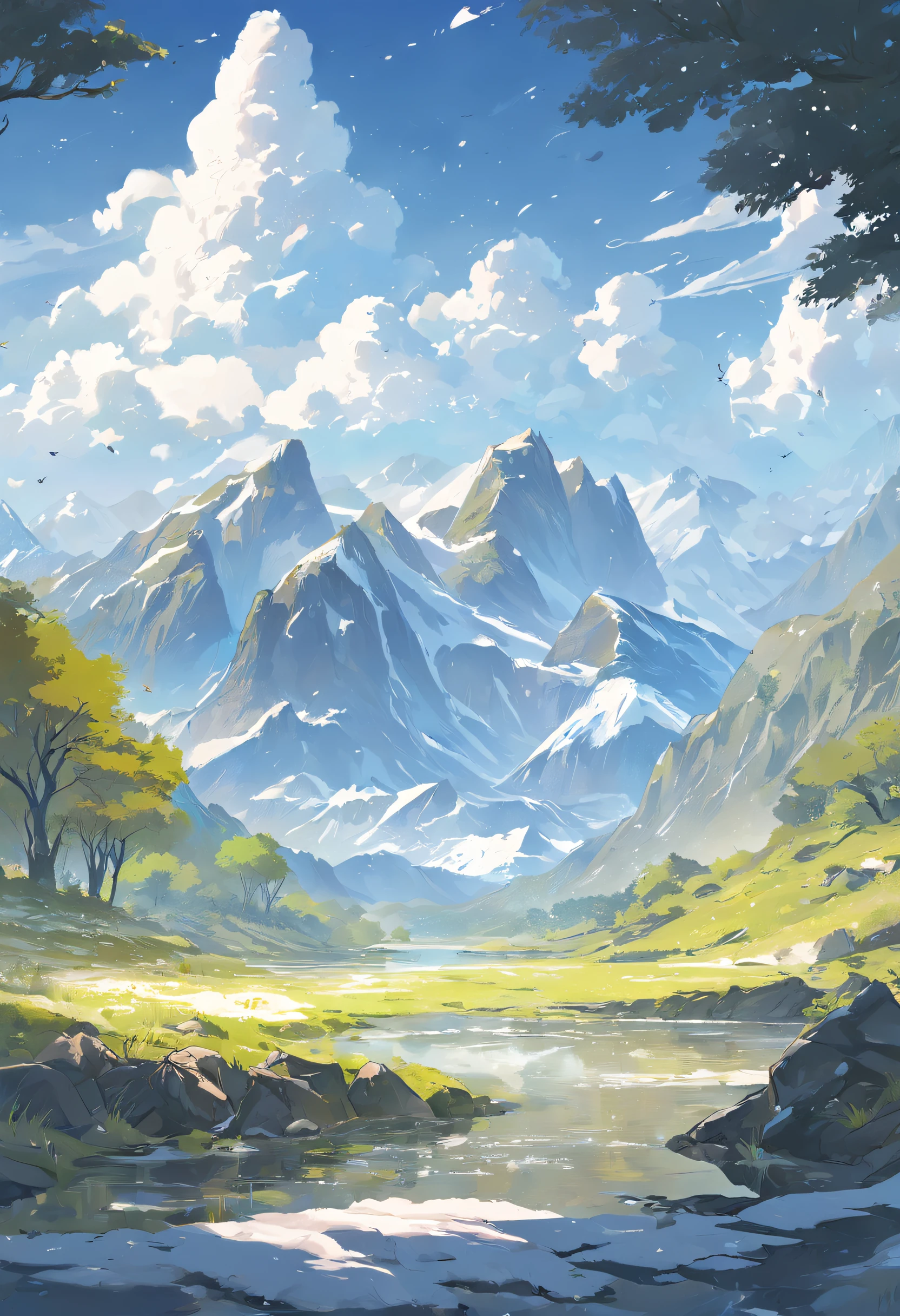 snow mountains,lakes,with blue sky and white clouds,The trees are colorful,digital landscape art, Detailed scenery —width 672, landscape artwork, environment design illustration, scenery art detailed, Desert oasis landscape, concept-art, 4k highly detailed digital art, 4 k digital painting, 4k digital painting, stunning digital illustration, digital painting concept art, Detailed digital painting
