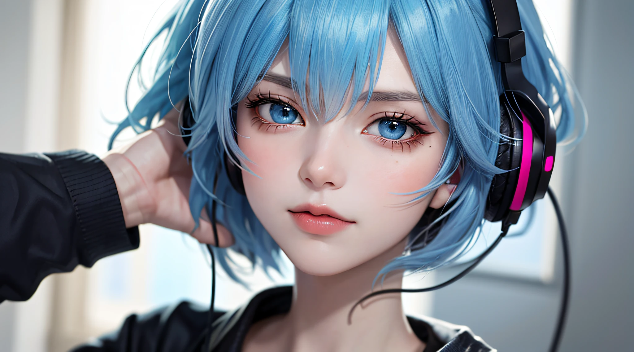 A close up of a person with headphones on and a blue hair - SeaArt AI