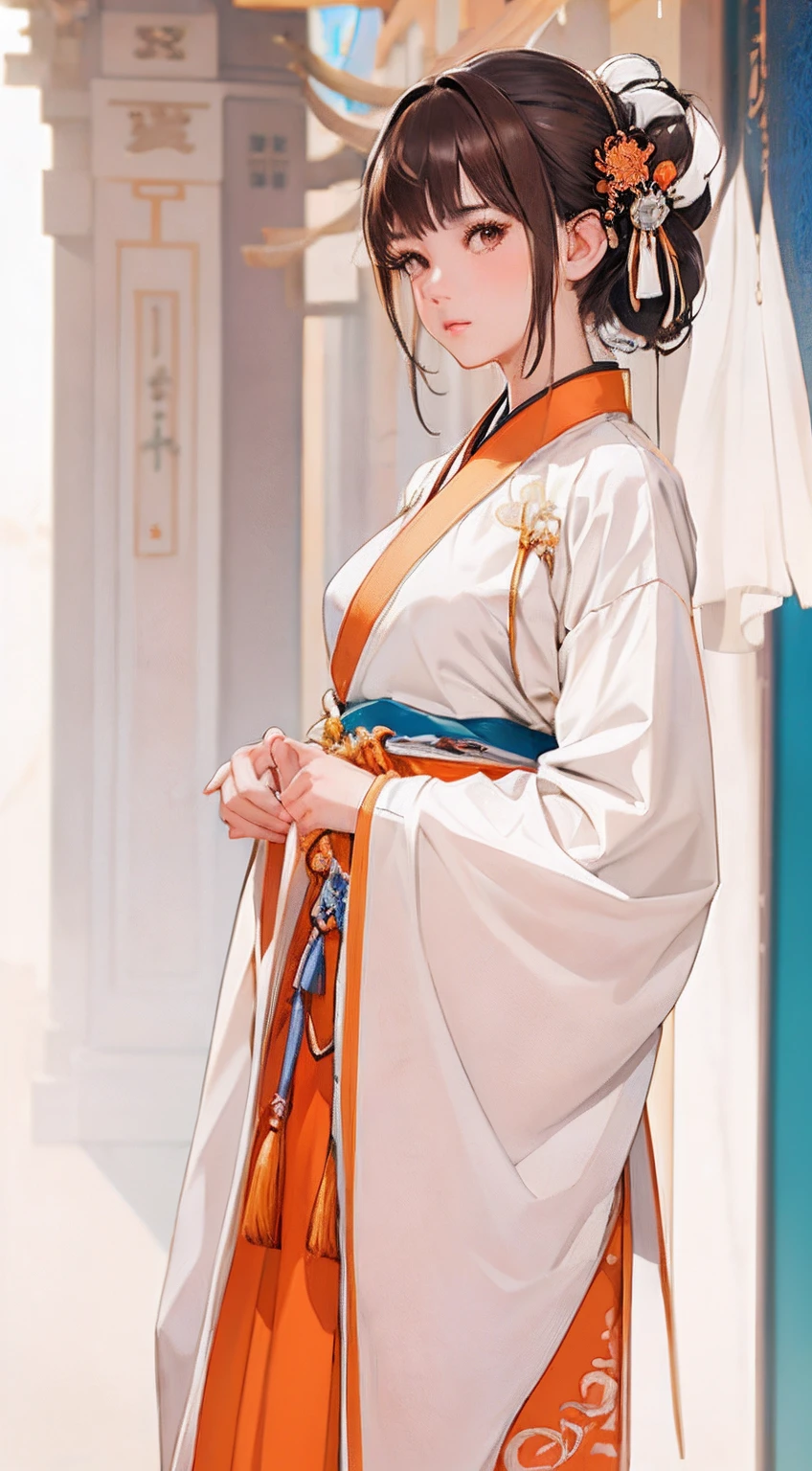 Best_quality,(((anime))),head,original_outfit,hanfu,clear details,masterpiece, best_quality, clear details,1 girl,white clothes,detailed skin texture,detailed cloth texture, beautiful detailed face, ultra detailed,photorealsim,dark brown hair, clear pupils,brown eyes, clear face, orange clothes,full body, blue accent