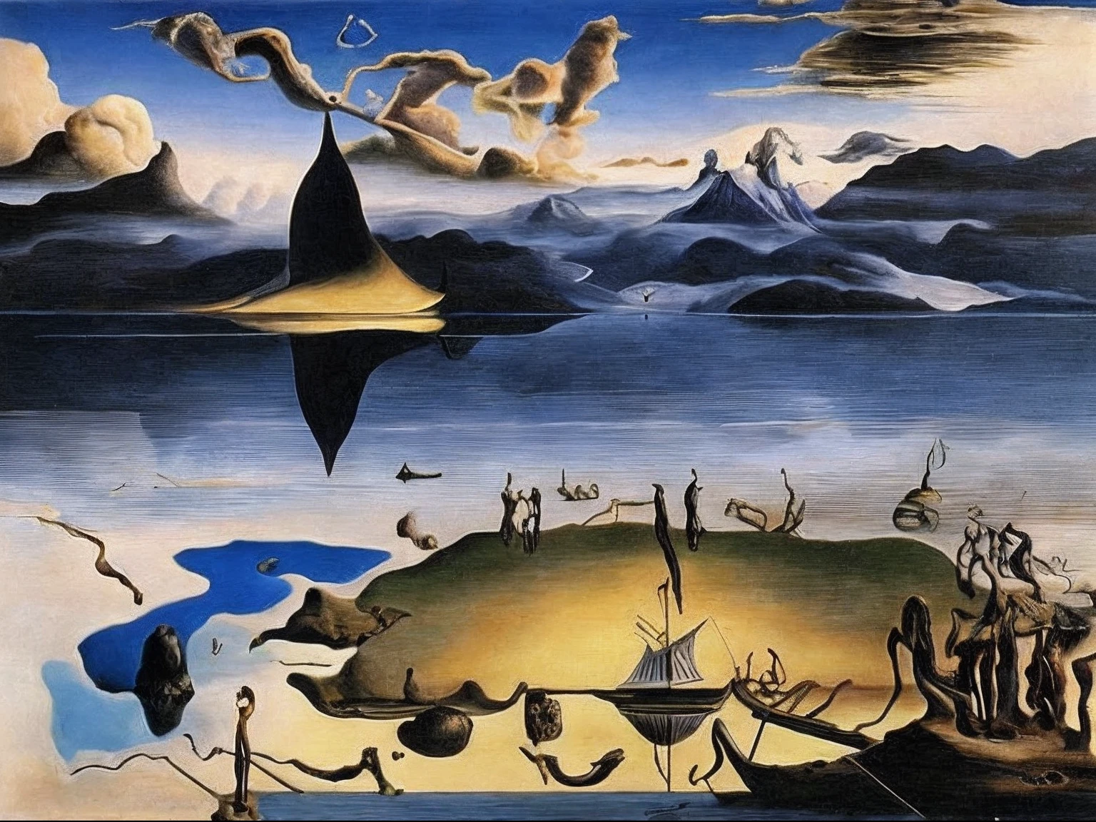 real picture、Dark、sky,lake, Dali, salvador dali painting, by Salvador Dali, masterpiece surrealism, surrealist artwork, surrealism painting, surrealism art, in style of salvador dali, surrealist art, style of salvador dali, salvador dali style, and Salvador Dalí, a surrealist painting