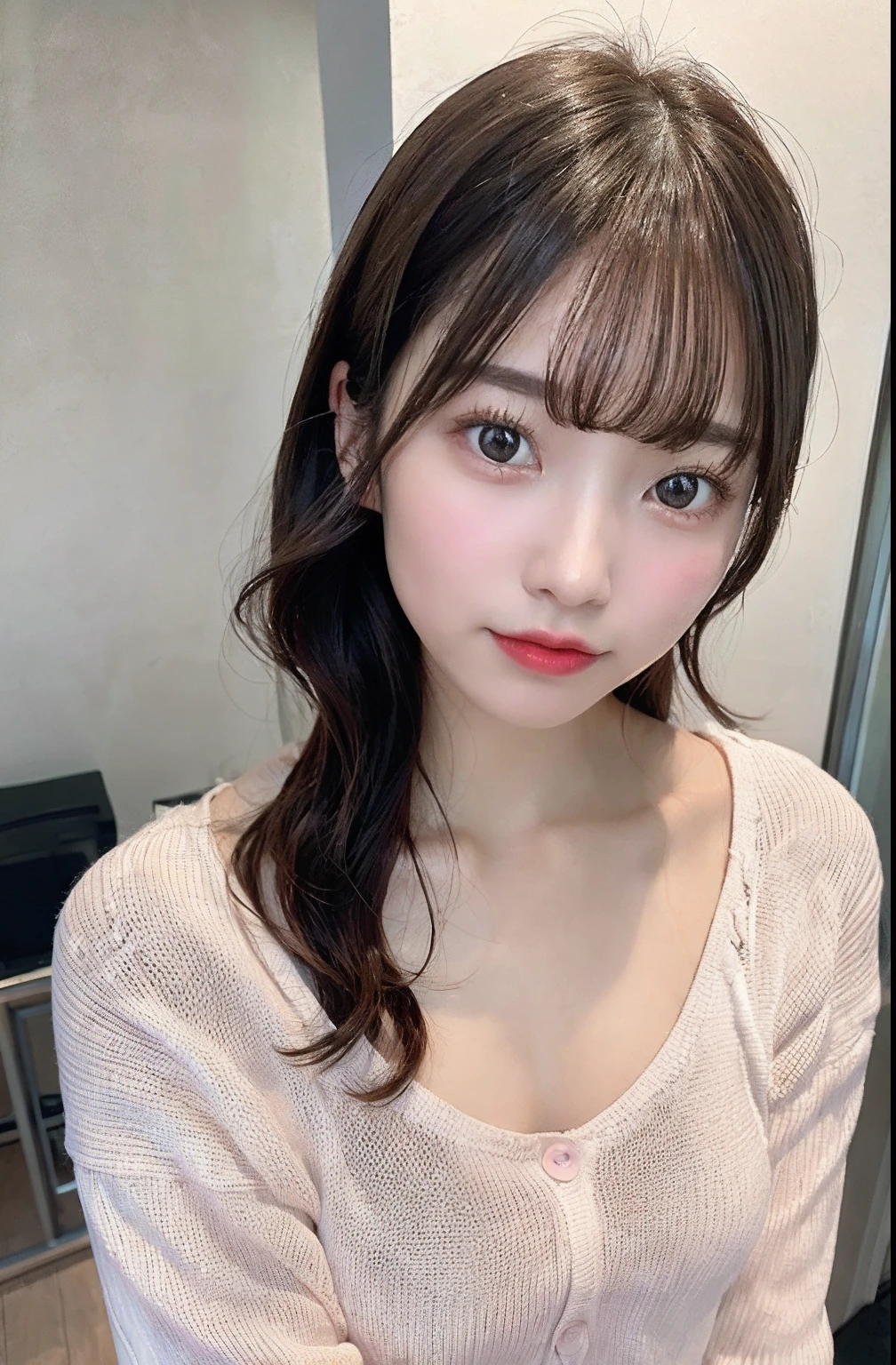 (masterpiece:1.3), (8K, Photoreal, Raw photo, best image quality: 1.4), japanese girl、12 years old、(random hairstyle:1.2)、(cleavage:1.2)、super detail face、eye for details、double eyelid、chest to chest、sharp focus:1.2、(cute woman:1.4)、light brown hair、bangs、highest quality、Super high resolution、(Photoreal:1.4)、Highly detailed and professionally lit smiles、loose and light knitwear、thin、smile、long hair、upper body portrait