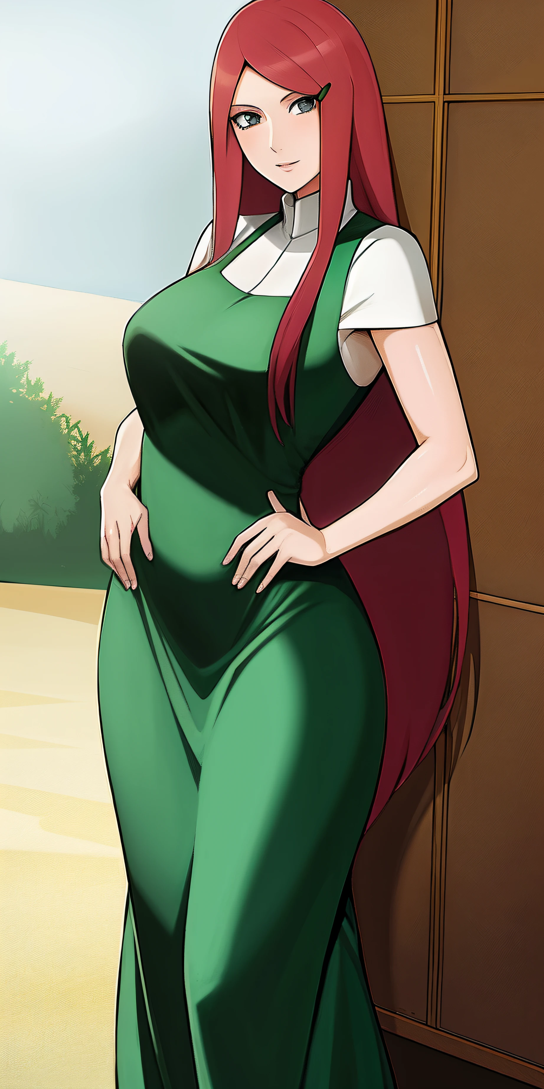 uzumaki_kushina, large_breasts, standing, solo, kushina_green_dress, masterpiece, best quality, detailed face, detailed eyes, highres,