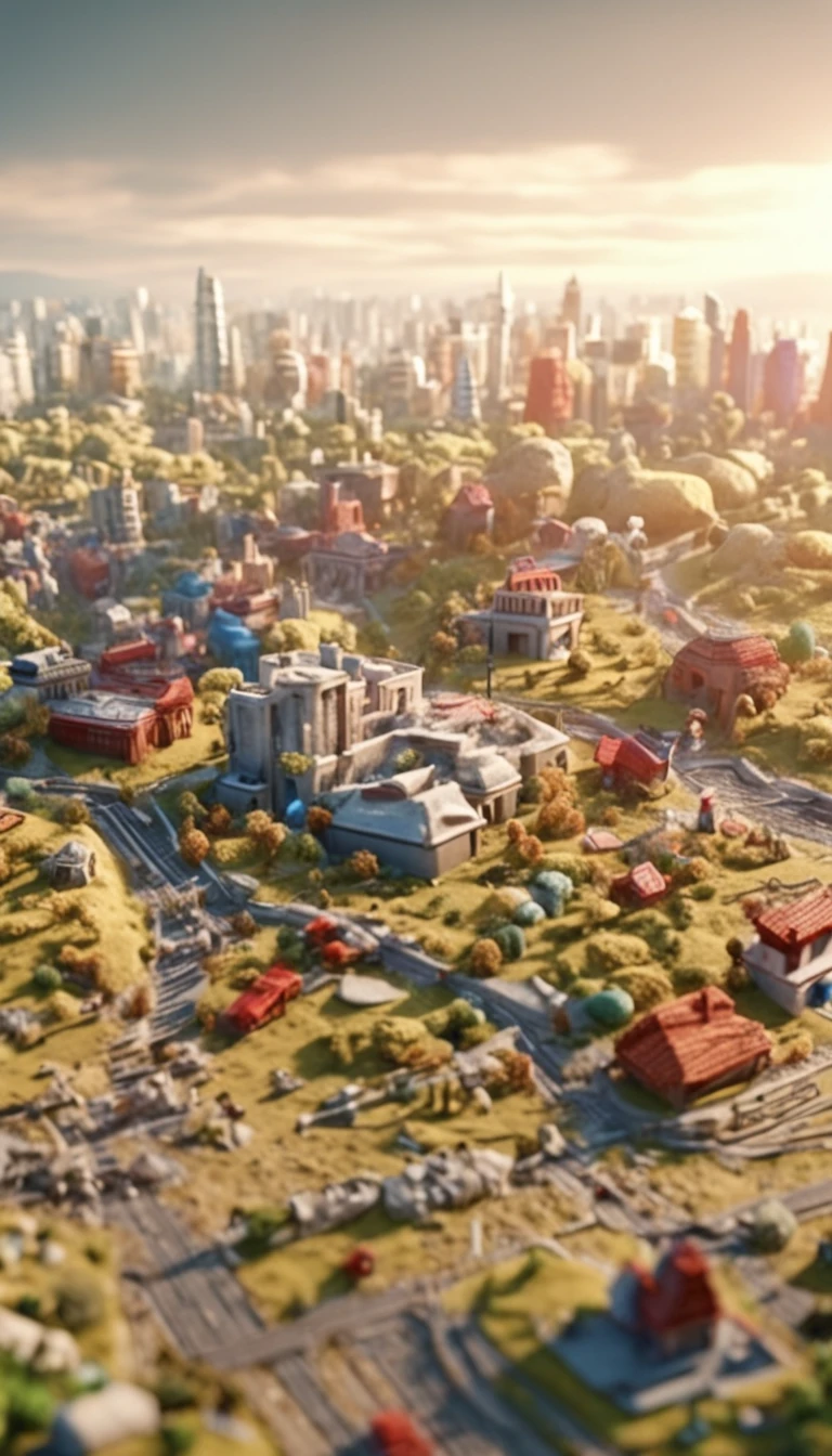 Miniature,Super cute clay world, Isometric view of the steppe ,cute clay freeze frame animation,City view, grass field，the trees ，bushi，Road,tiltshift, Excellent lighting, volume, landscape, 45 degrees from above，3D,Super detail