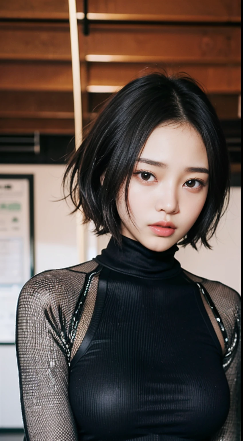 asian female、(detailed gym、Sexy Sportswear、turtle neck、long-sleeve、Refrain from exposure、Power Rack), 18-year-old female student, a hyperrealistic schoolgirl, , a hyperrealistic schoolgirl, Ecchi, Realistic Schoolgirl, Slim body、(Bery short hair、boyish)
