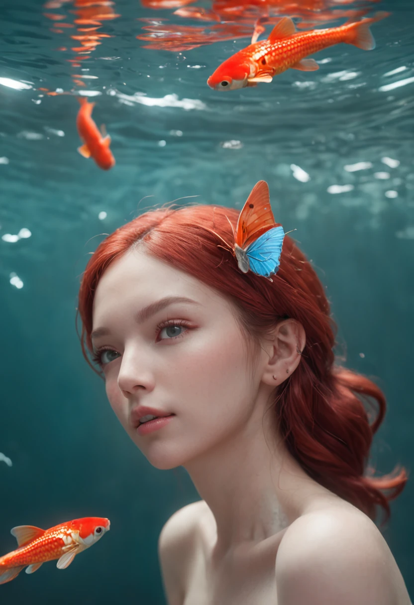neck muscle to neck, chair, wire and cable connected to head, Evangelion, small LED light, surrounding with flying butterfly, sharp detail, "RAW photo, best, masterpiece, best quality, high quality, extremely detailed,There are ((girl swimming with the koi fish)) and other sea creatures, 3D magical details, a bubbling underwater landscape, the magical kingdom of The little mermaid, the seabed environment, a serene waterscape under the soft sunlight, creating a mesmerizing and tranquil scene of harmony"