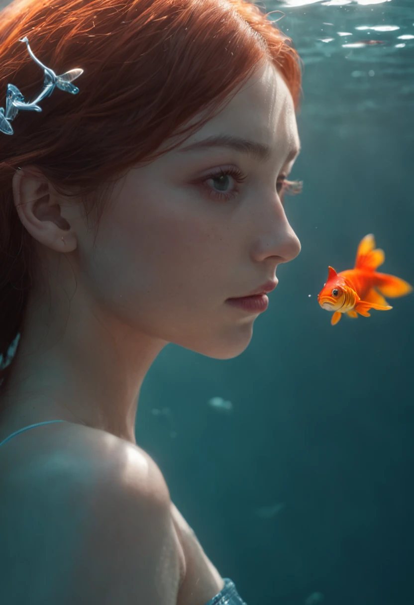 neck muscle to neck, chair, wire and cable connected to head, Evangelion, small LED light, surrounding with flying butterfly, sharp detail, "RAW photo, best, masterpiece, best quality, high quality, extremely detailed,There are ((girl swimming with the koi fish)) and other sea creatures, 3D magical details, a bubbling underwater landscape, the magical kingdom of The little mermaid, the seabed environment, a serene waterscape under the soft sunlight, creating a mesmerizing and tranquil scene of harmony"