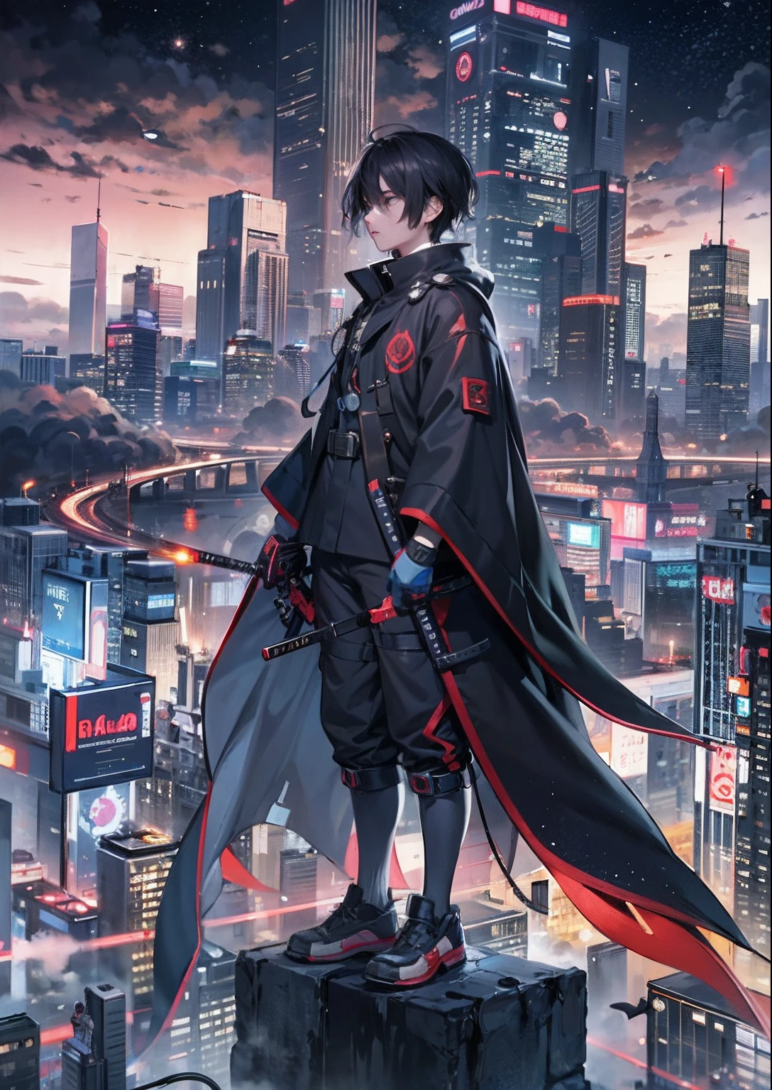1boy,、Cyberpunk Boy、katanas,Whole body bloody、The beginning of the adventure、Lots of clouds,heavy fog、starrysky、Moon,Chaotic city of the future、Cinematic dystopia、A group of very tall skyscrapers stands in the center、Very complex cityscape,Crowded Chinese skyscrapers、street signs、streetlights、taxis、buses、Train、Pretty dim lighting、Dark road、puddles、Chaotic、Beautiful and fantastic scenery、Cinematic scenery、hightquality、masutepiece,in 8K、hight resolution、