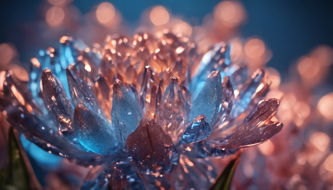 Crystal flowers, fanciful, milky ways, cleanness, Sparkling, Sparkling, Shining, Coloring, magic photography, The lighting is dramatic, Foto realism, ultra - detailed, 4K, depth of fields, A high resolution，Blue flowers，Ice blue，with light glowing，small flower，lot of flowers