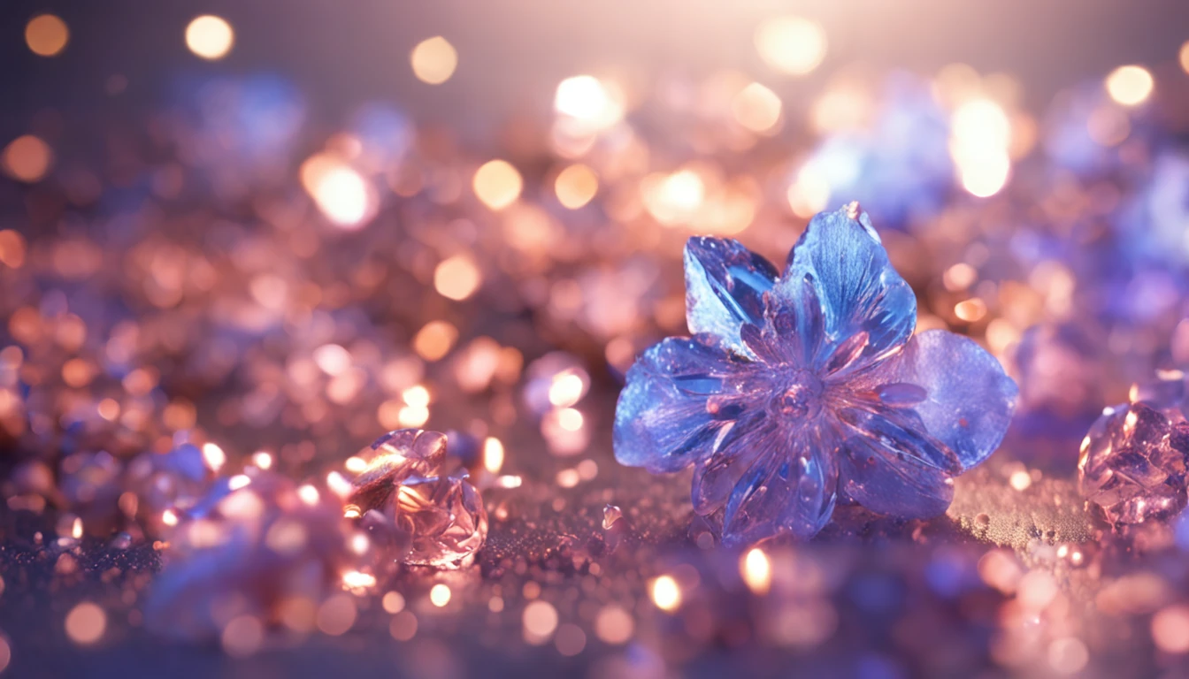 Crystal flowers, fanciful, milky ways, cleanness, Sparkling, Sparkling, Shining, Coloring, magic photography, The lighting is dramatic, Foto realism, ultra - detailed, 4K, depth of fields, A high resolution,Blue flowers,Ice blue,with light glowing,small flower,lot of flowers