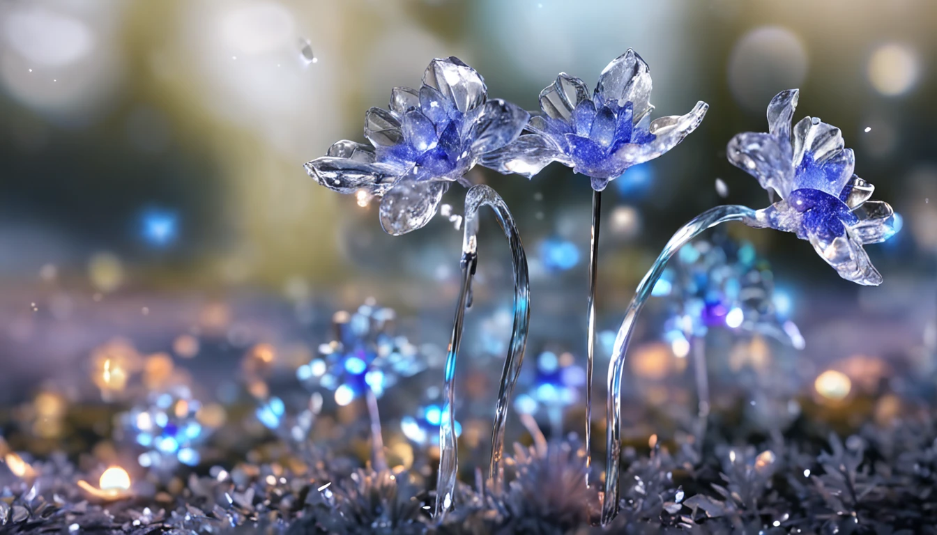 Crystal flowers, fanciful, milky ways, cleanness, Sparkling, Sparkling, Shining, Coloring, magic photography, The lighting is dramatic, Foto realism, ultra - detailed, 4K, depth of fields, A high resolution，Blue flowers，Ice blue，with light glowing，small flower，lot of flowers