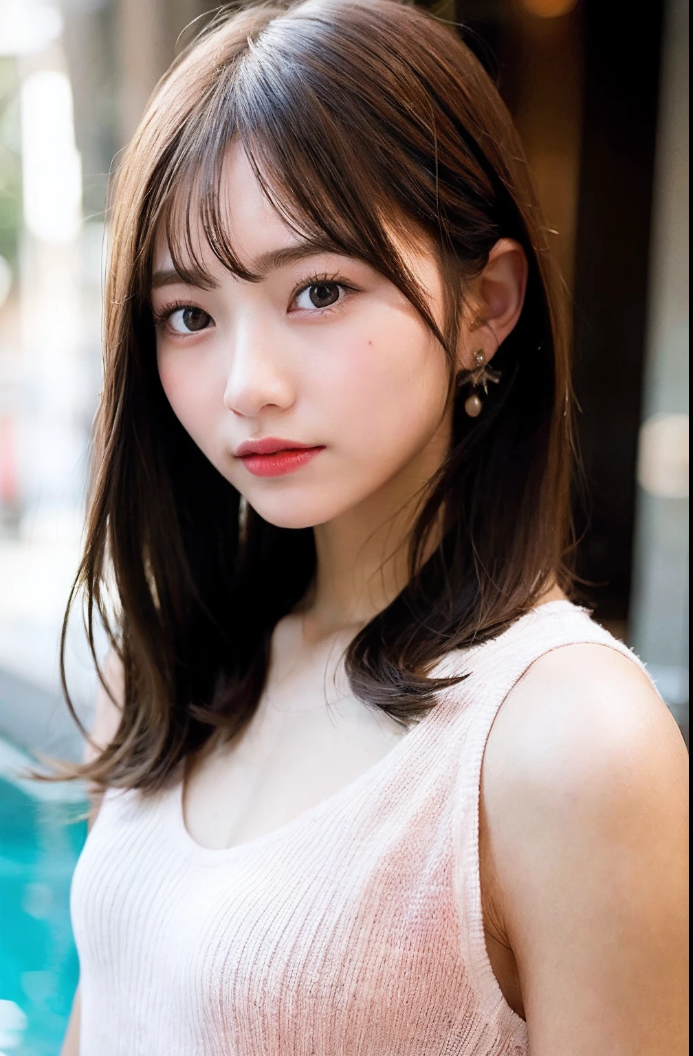 ((masterpiece,best quality 1.4)), (8k,RAW photo:1.2), (realistic,photo realistic:1.4), ultra high resolution , (Highly detailed 8k wallpaper) ,japanese idol, Japanese actress, Japanese, very cute, Big eyes, highly detailed eyes and face, Beautiful eyes in every detail,shiny skin,portrait,(medium hair and straight hair :1.3),earring ,professional lighting, sharp focus, Depth of written boundary , (dynamic angle:1.4 ). blur background, Bokeh, (office lady, suit ) 