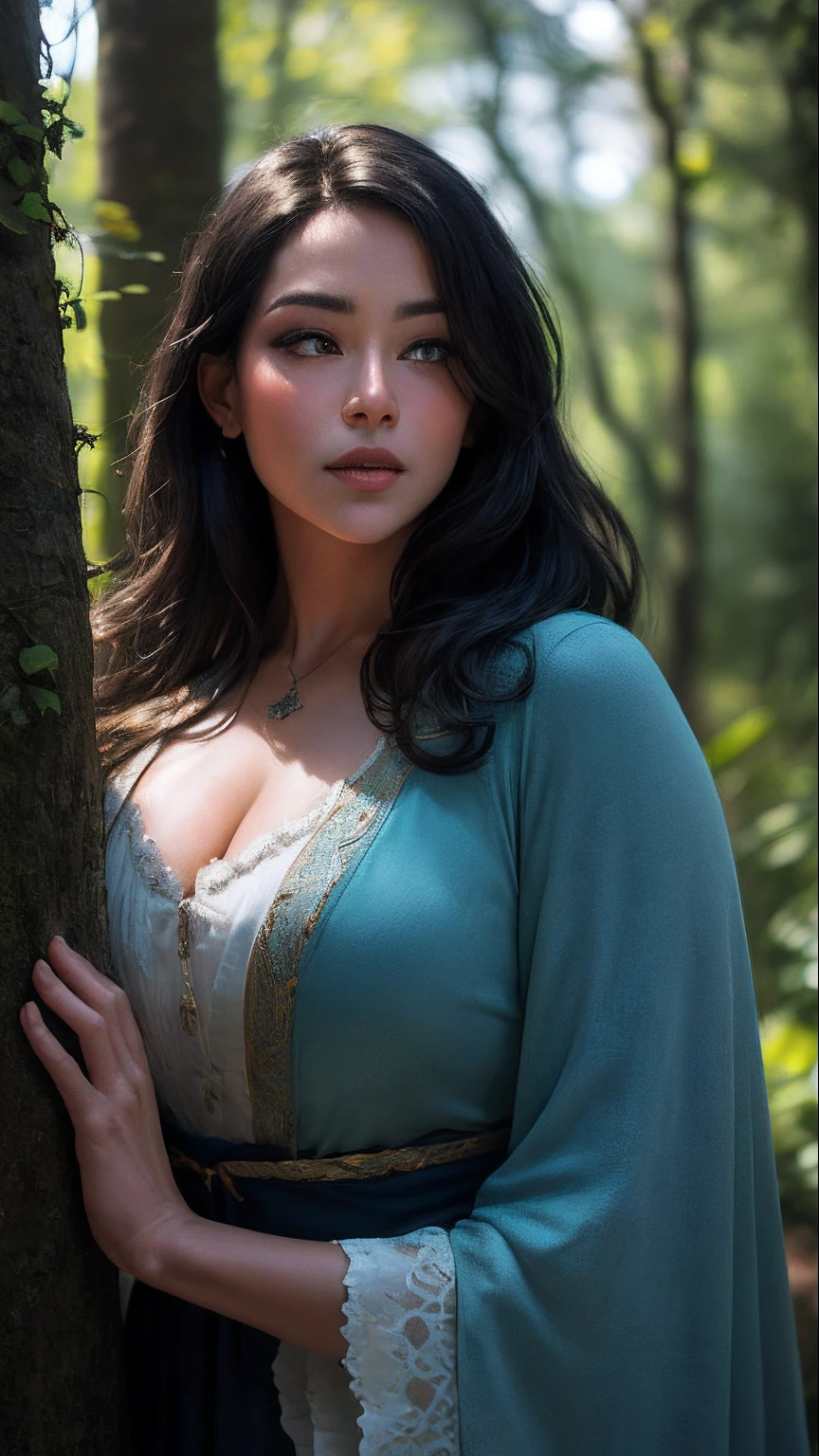 epic realistic, (dark shot:1.4), 80mm, Create a portrait of a woman with long, dark hair. She has a mysterious expression, gazing at the viewer with a slight tilt of her head. She is simply dressed, with an arm wrapped around a tree branch that also resembles a brain cell. The background features a forest of blue, impressionistic leaves, with an eerie white light shining through and a gradient shadow on the top part of the woman's face. Use a backlighting effect to add depth to the image. impressionistic painting style, john singer sarget, anders zorn, blue pallette, wider show with more background and forest, (natural skin texture, hyperrealism, soft light, sharp:1.2), soft light, sharp, exposure blend, medium shot, bokeh, (hdr:1.4), high contrast, (cinematic, teal and orange:0.85), (muted colors, dim colors, soothing tones:1.3), low saturation, (hyperdetailed:1.2), (noir:0.4), (intricate details:1.12), hdr, (intricate details, hyperdetailed:1.15), faded, (neutral colors:1.2), art, (hdr:1.5), (muted colors:1.1), (pastel:0.2), hyperdetailed, (artstation:1.4), warm lights, dramatic light, (intricate details:1.2), vignette, complex background, rutkowski,