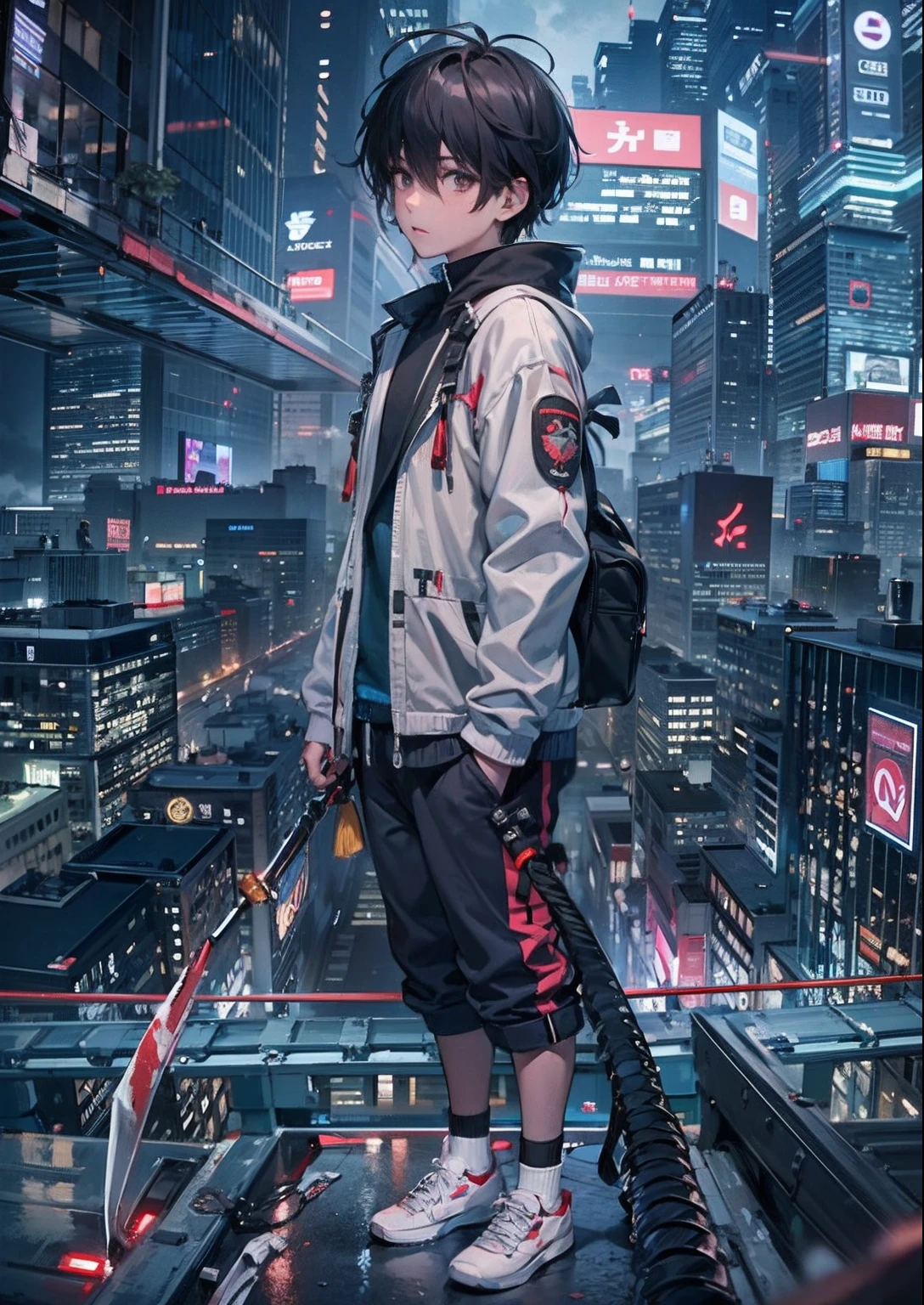 1boy,a 13 yo boy、Cyberpunk Boy、katanas,Whole body bloody、The beginning of the adventure、Lots of clouds,heavy fog、starrysky、Moon,Chaotic city of the future、Cinematic dystopia、A group of very tall skyscrapers stands in the center、Very complex cityscape,Crowded Chinese skyscrapers、street signs、streetlights、taxis、buses、Train、Pretty dim lighting、Dark road、puddles、Chaotic、Beautiful and fantastic scenery、Cinematic scenery、hightquality、masutepiece,in 8K、hight resolution、