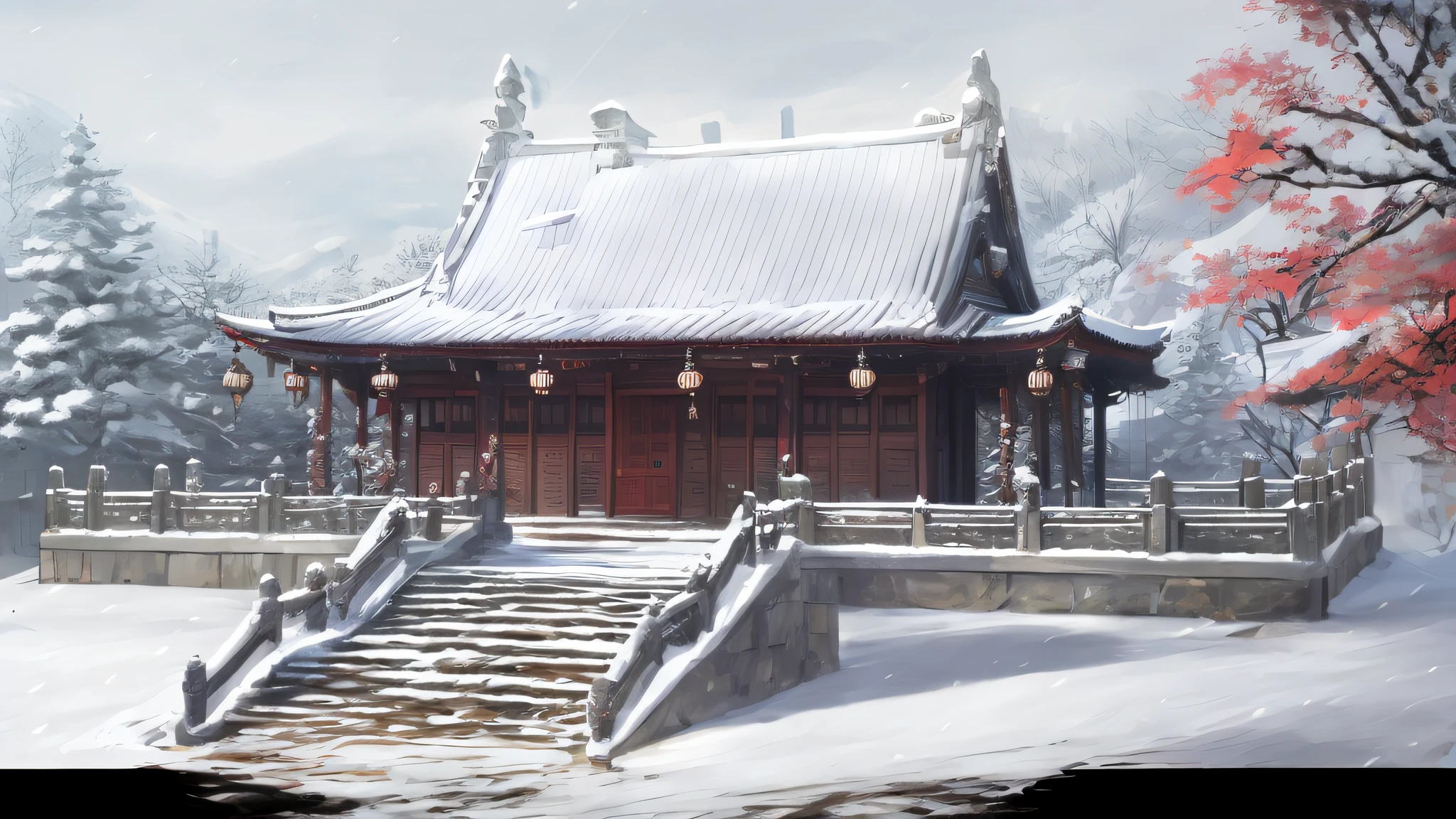 Gray stone pillars and steps，The top is white snow，Dark reddish-brown wooden house，Oyuki