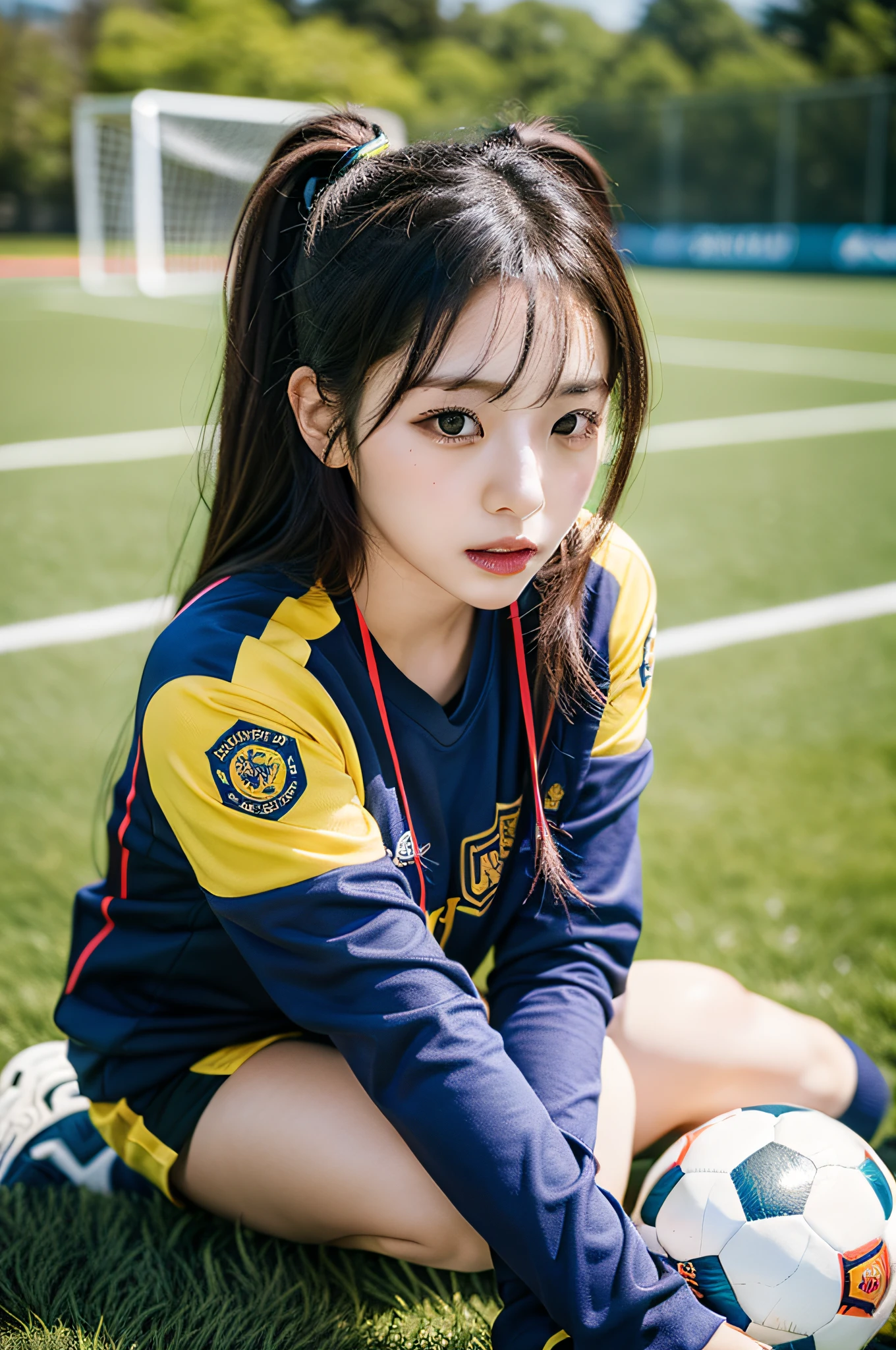 Capture a solo idol, specifically Kamei Eri, cosplaying as a soccer player. The setting is a soccer field with a prominent soccer ball in the frame. She's dressed in a full soccer uniform, including soccer cleats, shin guards, and a jersey with a team emblem or logo. The jersey number is prominently displayed. The style should be hyper-realistic with a focus on high detail. The lighting should highlight her, making her the central focus, with the soccer field slightly dimmed in the background. Colors should be vibrant, especially the team colors on the uniform. The composition should be a wide shot, capturing her full figure, with a 16:9 aspect ratio. Use photo hyper-realism, highly detailed, and high-resolution 16k.
--ar 16:9 --v 5.1 --style raw --q 2 --s 750