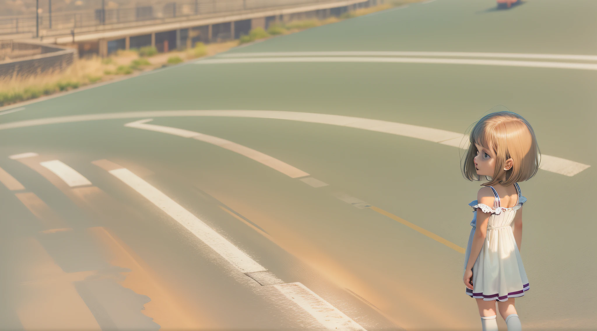 You can see the road at a glance，Above stood a girl with short hair