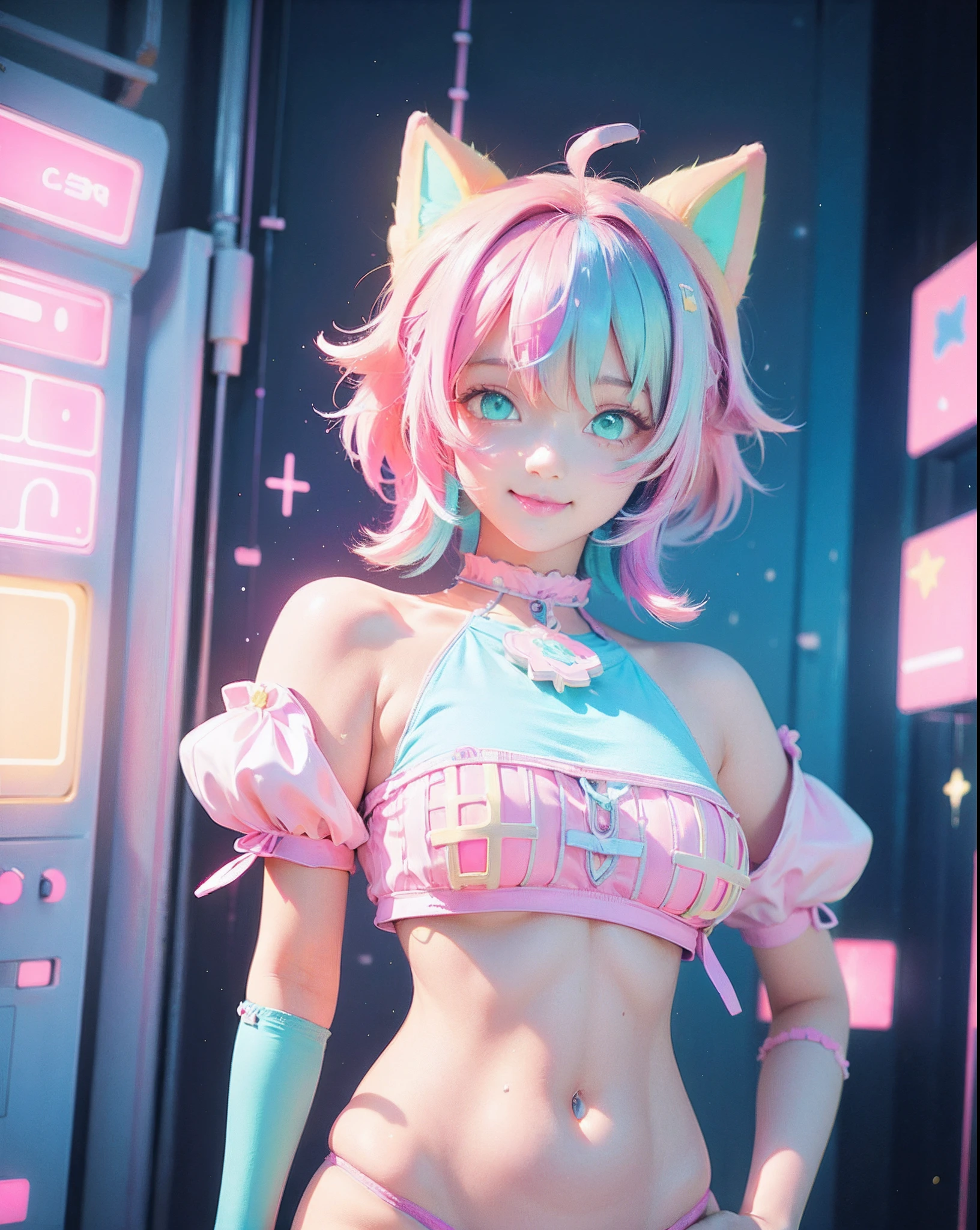 ((pink slime, neon orange hair, neon green eyes, ))(masterpiece, top quality, best quality, official art, beautiful and aesthetic:1.2), (photoreal:1.5), BREAK 1 girl with a bunch of candy and a candy machine in her hand and a pink background with stars, upper body,smiling break Alice Prin, photo, a detailed painting, pop surrealism, (neon color hair:1.5),strong wind,giant marshmallow candy machine break needlework, intricate designs, textile art, handmade details, creative expression, colorful threads, cyberpunk, neo-dada BREAK