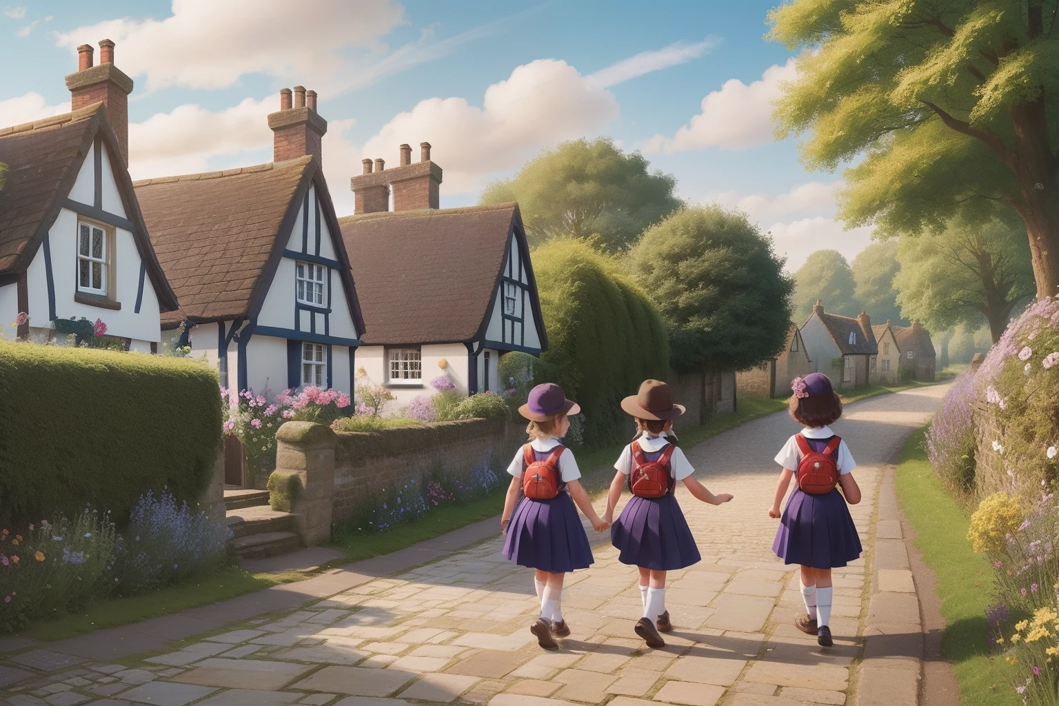 Year: 2023
Country: United Kingdom
Description: In a quaint English countryside village, a group of children, tweens, and teenagers in charming school uniforms embarks on an adventure. They walk along a cobblestone path, passing by stone cottages draped in colorful flowers, with their beloved schoolteacher guiding them.