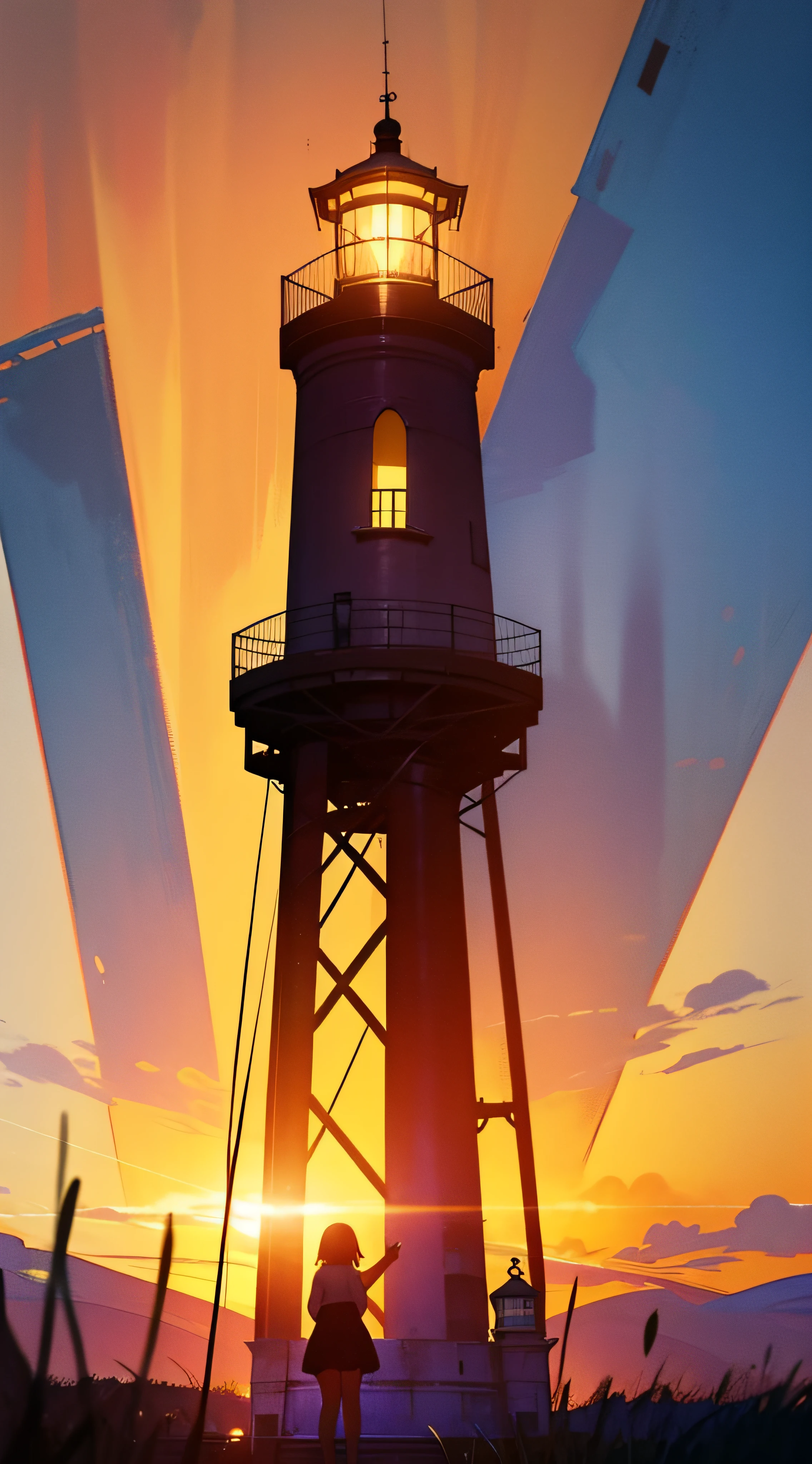 edward_hopper painting,1 girl, at the top of a lighthouse,  gigantic bulb illuminated,  sunset:1.3, distant ships, edward_hopper_style, light and shadow, desolate feel, edward_hopper_realism, edward_hopper_illustration, sense of desperation,