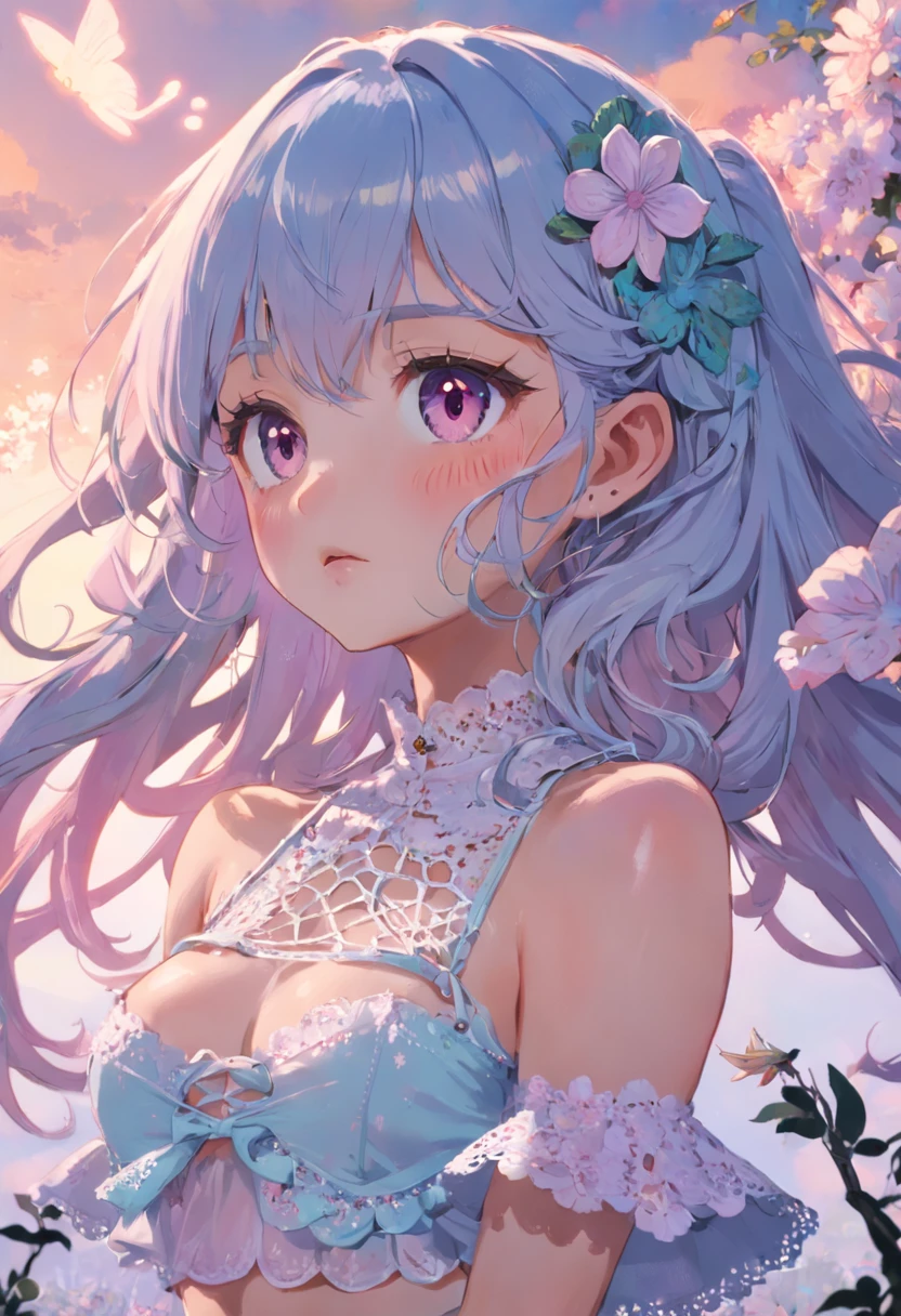menina fada, wearing a crochet top, crochet top, fofo, baby blue, aesthetic, pastel, cores pastel, cropped, flores, borboletas, fairycore, goblincore, fada, elfo, Movie Lighting, olhando a camera, foto do instagram, selfie, olhando para os espectadores