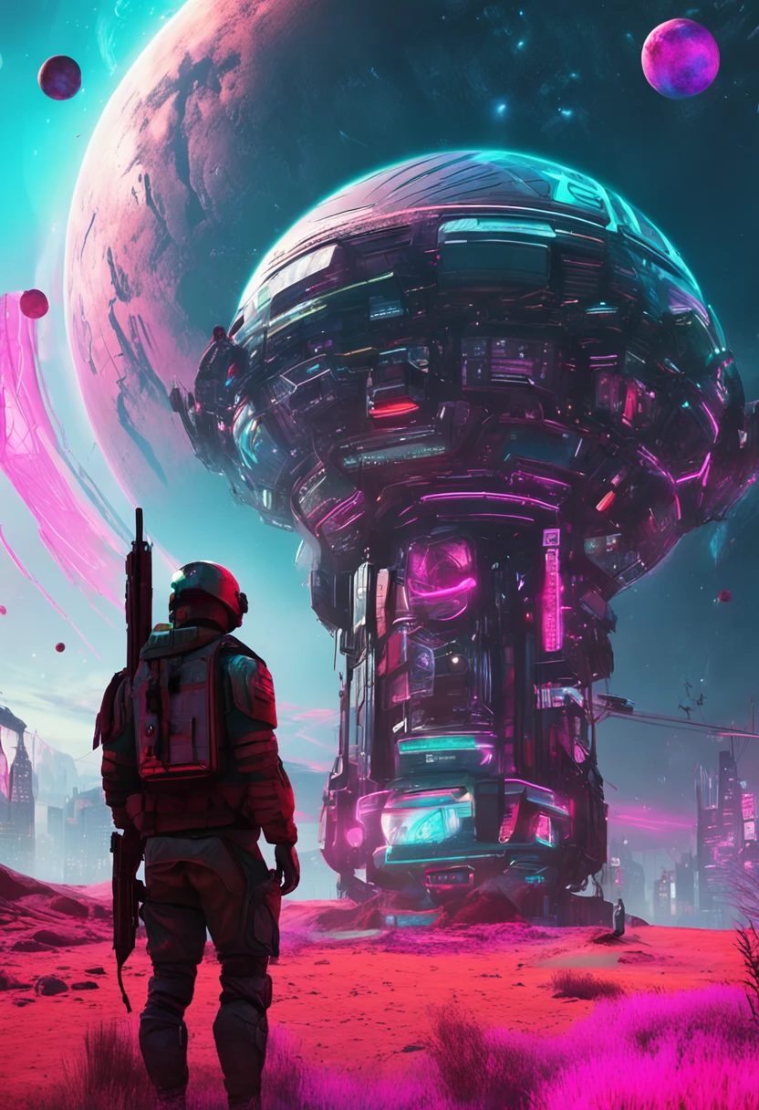 "Immerse a british soldier in a cyberpunk-inspired environment, A neon-lit world, Be captivated by the surreal sight of a ringed planet dominating the sky, Full of fascinating digital art."