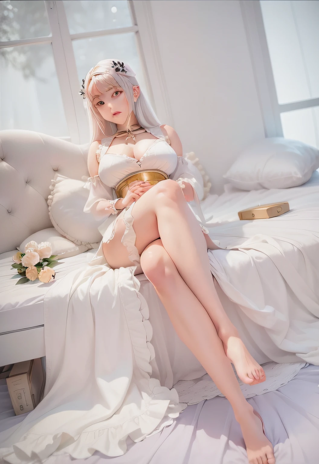 Woman in white dress sitting on bed, Anime girl Anime goddess, Anime cosplay, rpgmaker, anime barbie doll