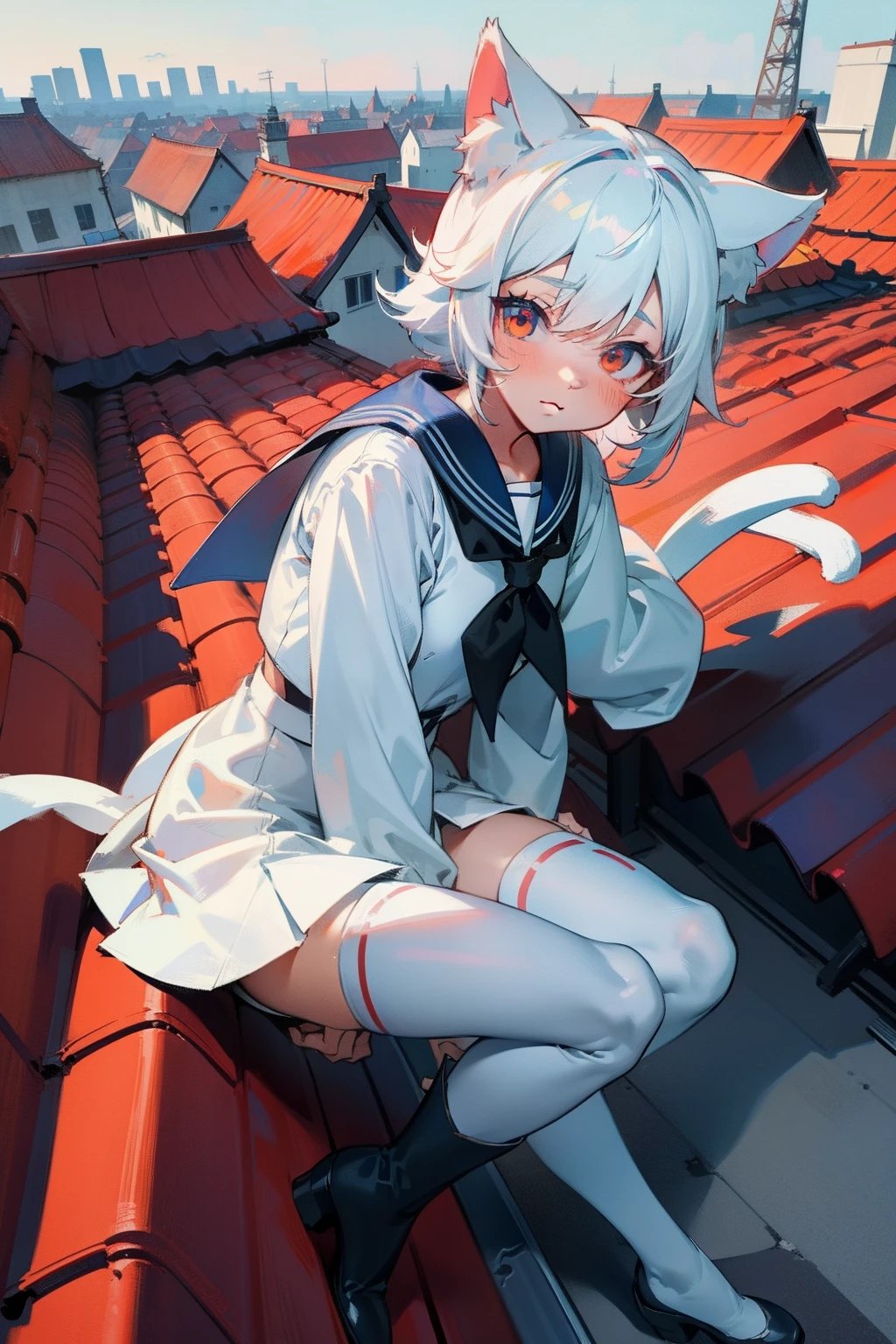Cool color picture,Rooftop,Side sitting,high and cold,cat ear,red color eyes,White hair,Look up at the sky,a sailor suit,white stockings,Black boots