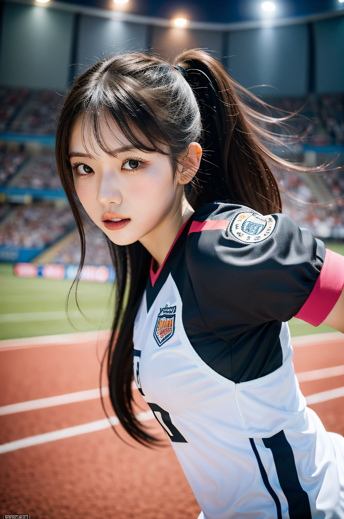 Capture a solo idol, Specifically, Eri Kamei, Cosplay as a soccer player. The stage is a soccer field、A soccer ball stands out in the frame. She wears a full football uniform, Including soccer cleats, Shingard, Jersey with team emblem or logo. The jersey number is prominently displayed. The style is、Should be ultra-realistic with a focus on details. Lighting should highlight her, Put her at the center, The football field is slightly darkened in the background. the colors should be vivid, Especially the team colors of the uniforms. The composition should be a wide shot, Capture her full appearance, 16 in:9 aspect ratio. Use photo hyper-realism, Highly detailed, and high-resolution 16k.
--ar 16:9 - V5.1 --Style raw --Q 2 --S 750
