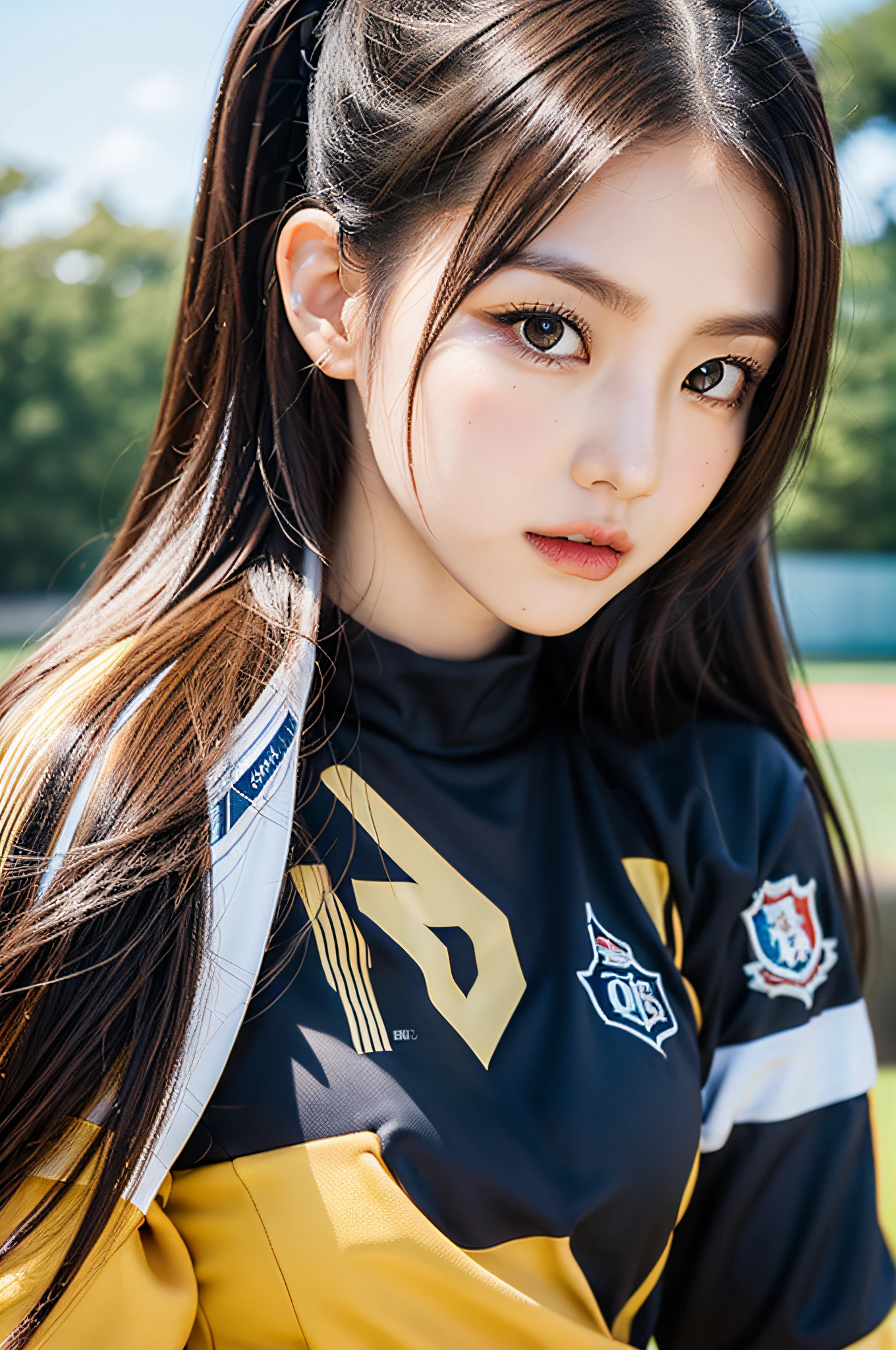 Masterpiece, superlative, realistic, Jennie wearing trendy football uniform, HD, photography and lighting, 16k