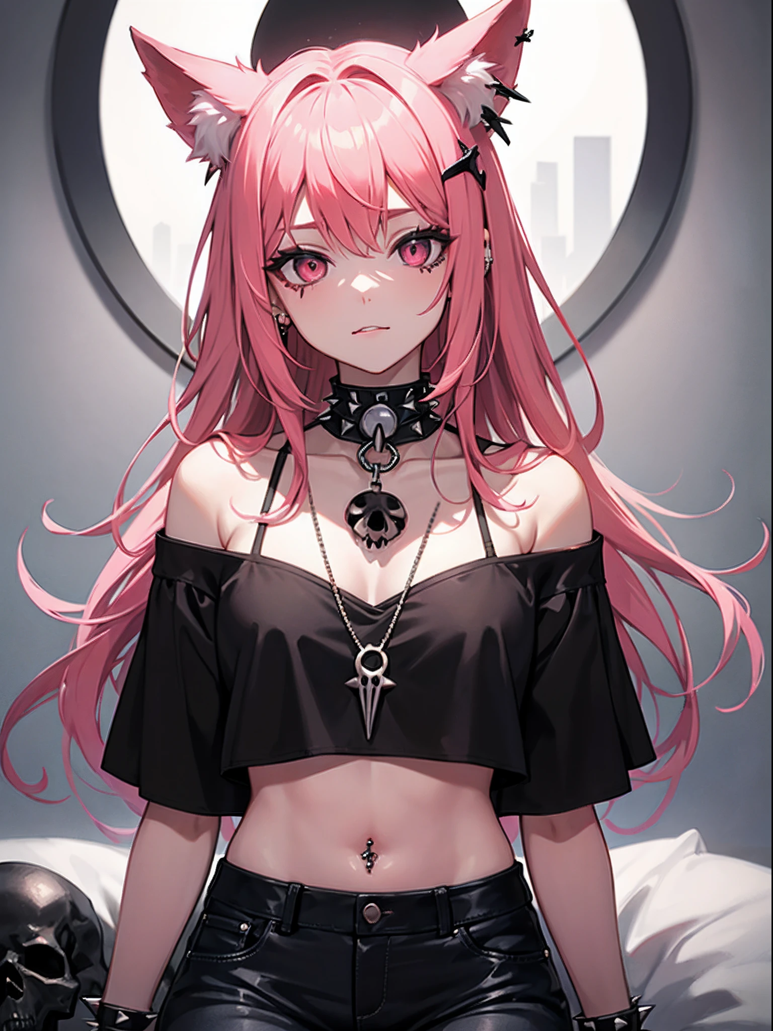 tmasterpiece, beste-Qualit, overdetalization, Beautiful lighting, 1girl, goth, long pink hair, hairlong,Pink fox ears,pink eyes, black eyeliner, black eye shadow,black lips, body piercings, collar with spikes, looks at the viewer,T-shirt with a skull, black jeans,Spiked choker, Hairpin on the video of the crock, high detailed eyes