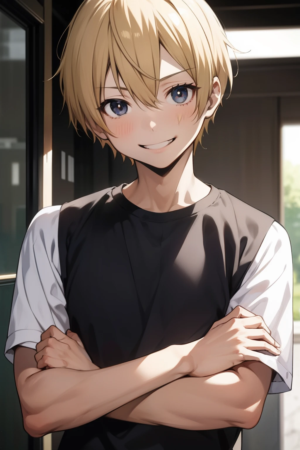 masutepiece, Best Quality, High quality, 1boy, Solo, Male Focus, Looking at Viewer, Upper body, a smile、a blond、boyish