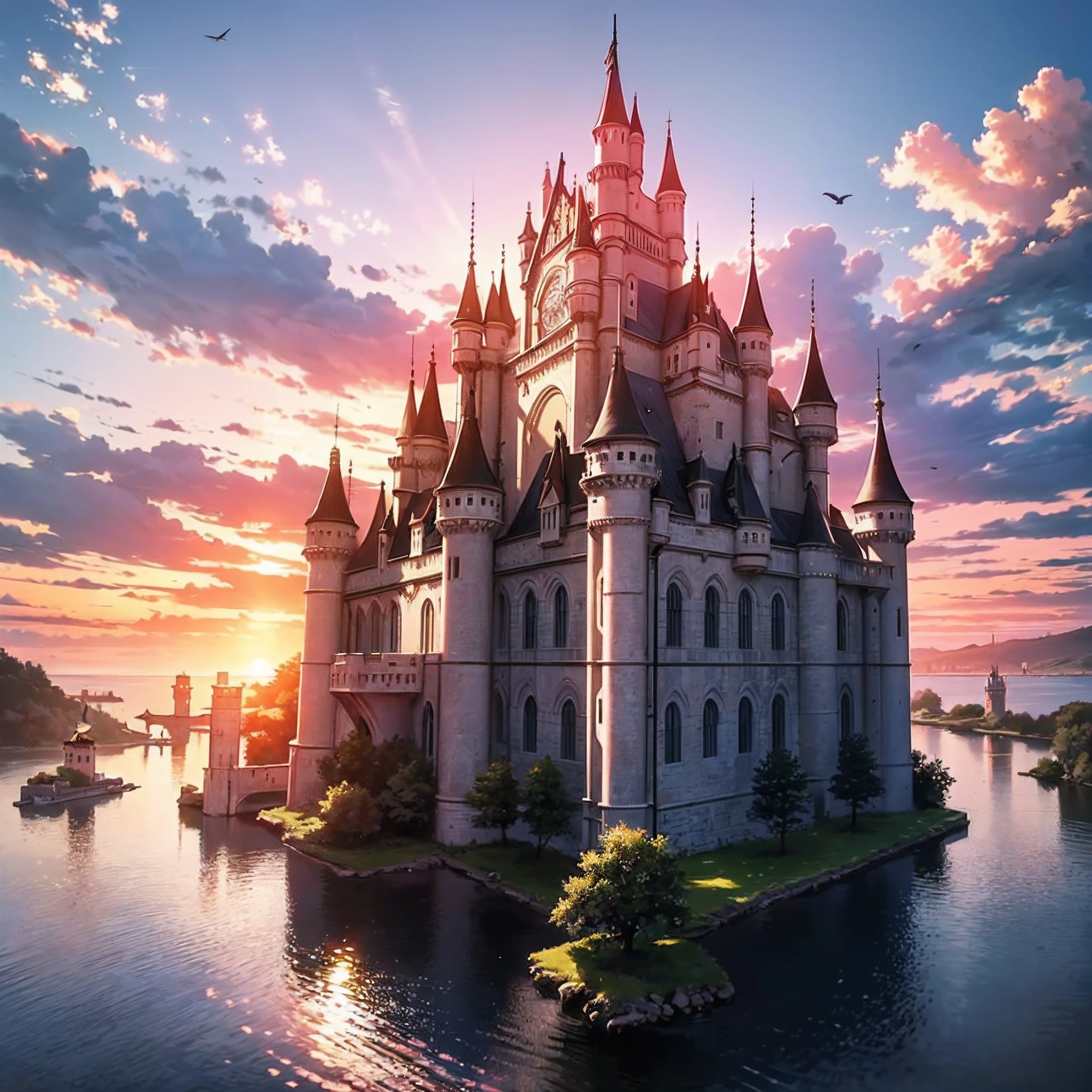 (an artist's design of a floating Castle on the floating the land and Forest in the sky)1.4, bird's-eye view, scenery, the twilight, sunset, magic hour, horizon, no humans, a fantastic magical world, (Best quality), (masterpiece:1.3), (photorealistic:1.36), (realistic), ultra-detailed,, detail background,