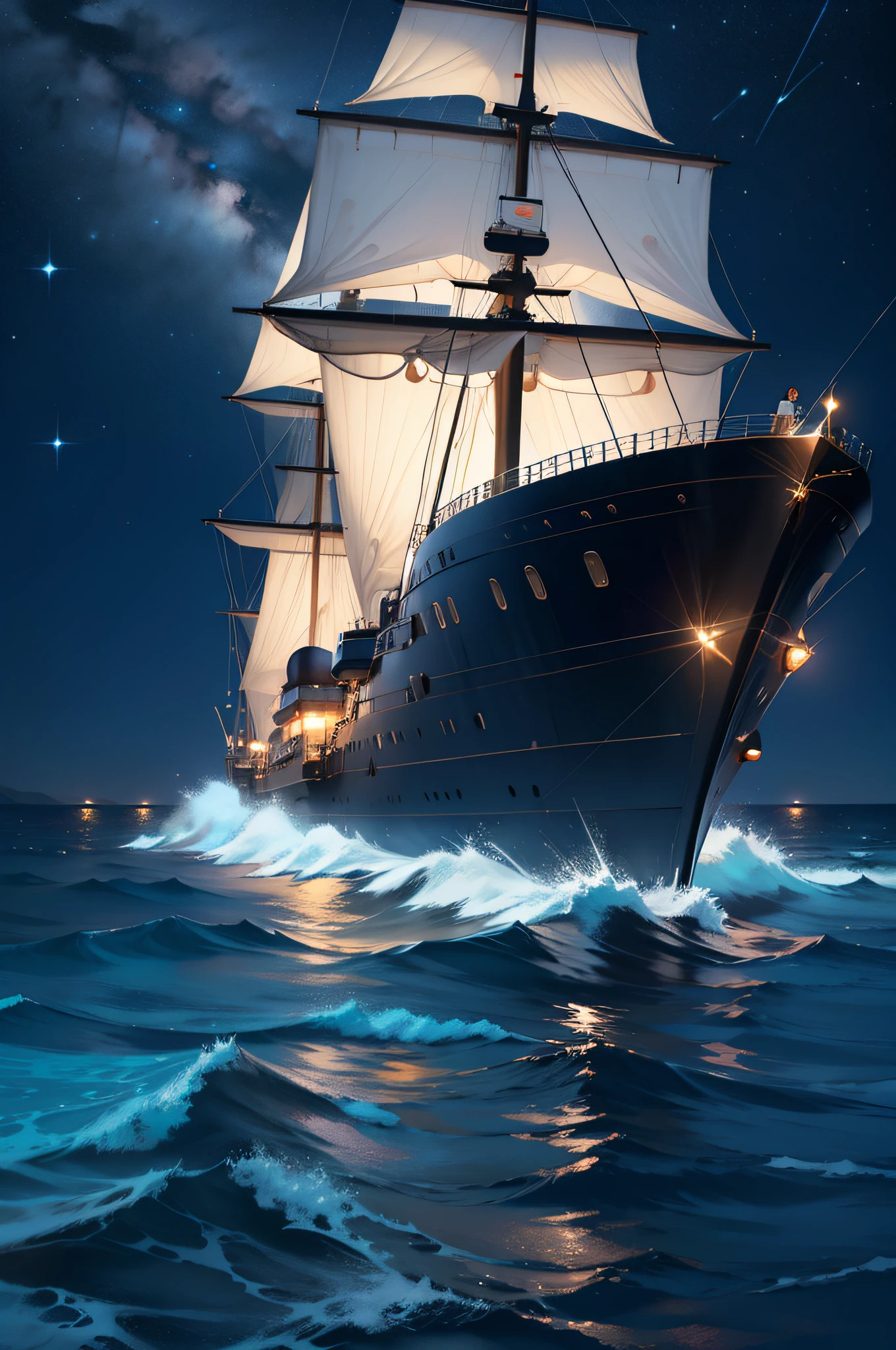 The smooth sea and amazing ship on a blue moon night sailing with clear waters and sparkles