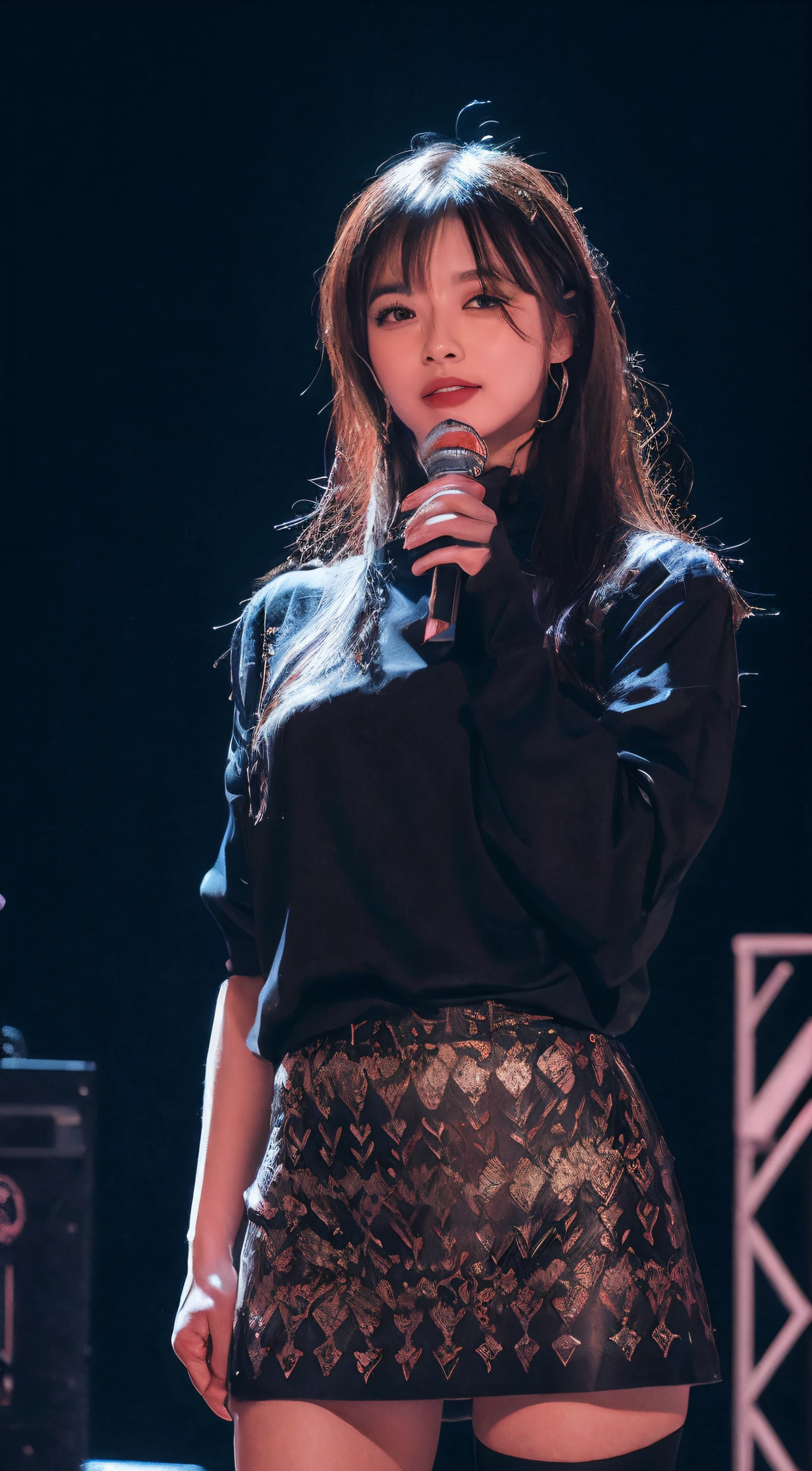 Twin-tailed,AKB48, idol,young Japanese idol,masterpiece, highly detailed, 1girl, solo, on the stage, singing,