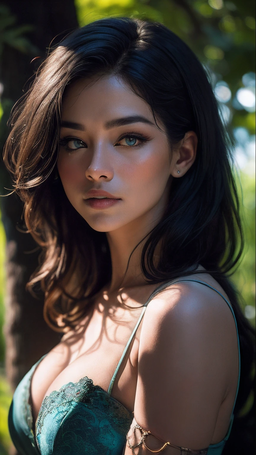 epic realistic, (dark shot:1.4), 80mm, Create a portrait of a woman with long, dark hair. She has a mysterious expression, gazing at the viewer with a slight tilt of her head. She is simply dressed, with an arm wrapped around a tree branch that also resembles a brain cell. The background features a forest of blue, impressionistic leaves, with an eerie white light shining through and a gradient shadow on the top part of the woman's face. Use a backlighting effect to add depth to the image. impressionistic painting style, john singer sarget, anders zorn, blue pallette, wider show with more background and forest, (natural skin texture, hyperrealism, soft light, sharp:1.2), soft light, sharp, exposure blend, medium shot, bokeh, (hdr:1.4), high contrast, (cinematic, teal and orange:0.85), (muted colors, dim colors, soothing tones:1.3), low saturation, (hyperdetailed:1.2), (noir:0.4), (intricate details:1.12), hdr, (intricate details, hyperdetailed:1.15), faded, (neutral colors:1.2), art, (hdr:1.5), (muted colors:1.1), (pastel:0.2), hyperdetailed, (artstation:1.4), warm lights, dramatic light, (intricate details:1.2), vignette, complex background, rutkowski,