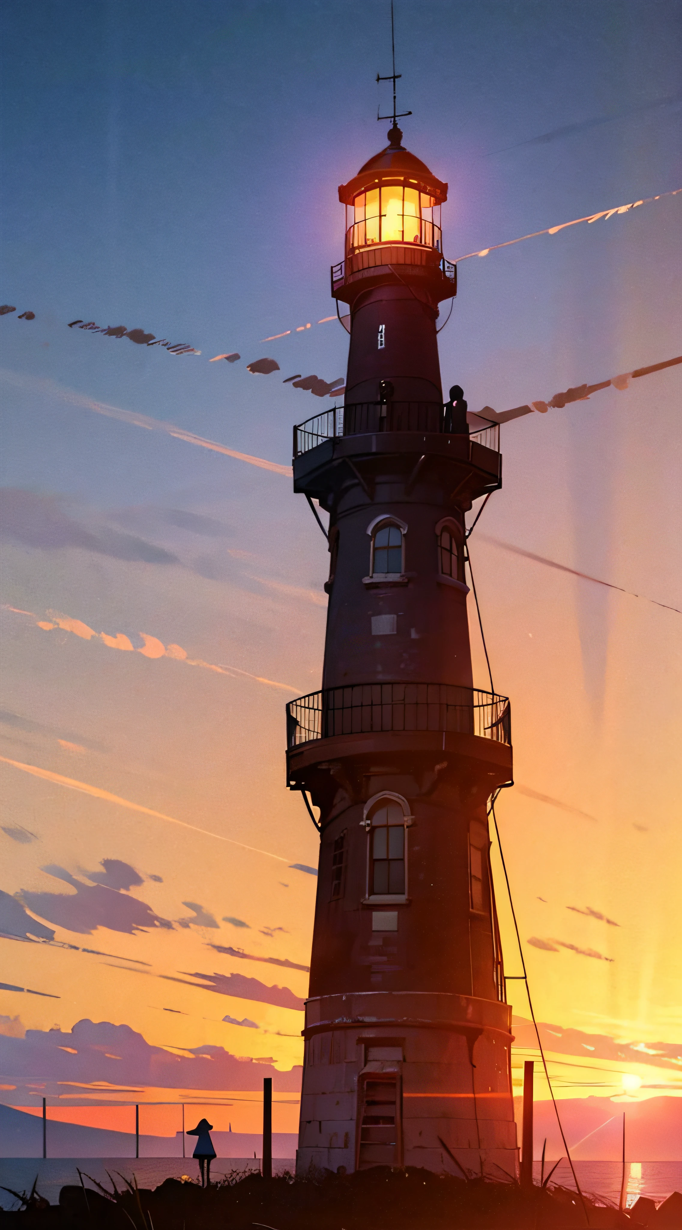 edward_hopper painting,1 girl, at the top of a lighthouse,  gigantic bulb illuminated,  sunset:1.3, distant ships, edward_hopper_style, light and shadow, desolate feel, edward_hopper_realism, edward_hopper_illustration, sense of desperation,