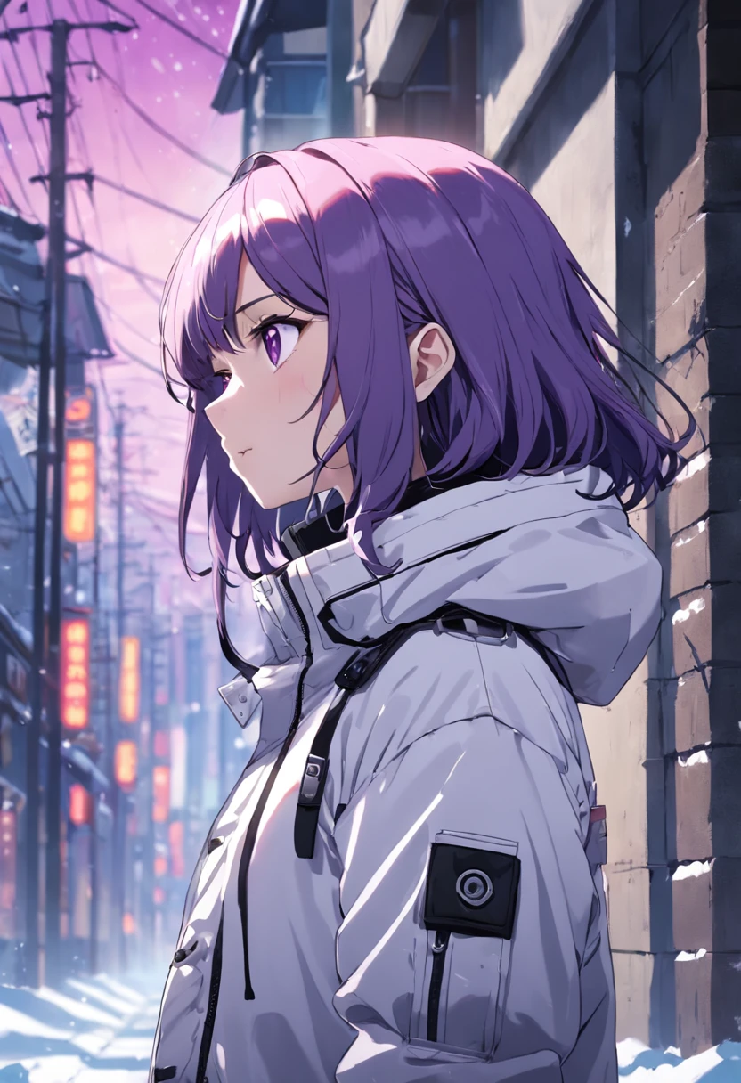 Signal violet hair,The white down jacket has the word SCP,snowfield,being thin,With black-framed glasses,Put your hands in your pockets,arm,Cold,Background armed personnel