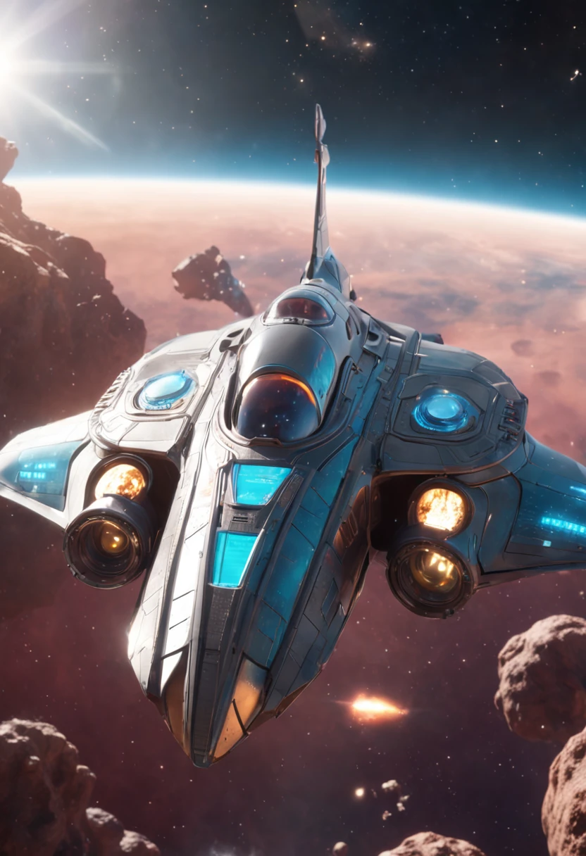 Movie Still, futuristic Quetzalcoatl-Spaceship, vibrant galactic nebula in the background. Spaceship is sleek, metallic surfaces in blue and silver, hyperdetailed panoramic windows, engine thrusters, DOF. Next Gen Octane Render, raytraced, reflections, refraction, ambient occlusion, shadows, caustics, volumetric and particle light and effects, In the style of Ridley Scott & Darren Aronofsky
