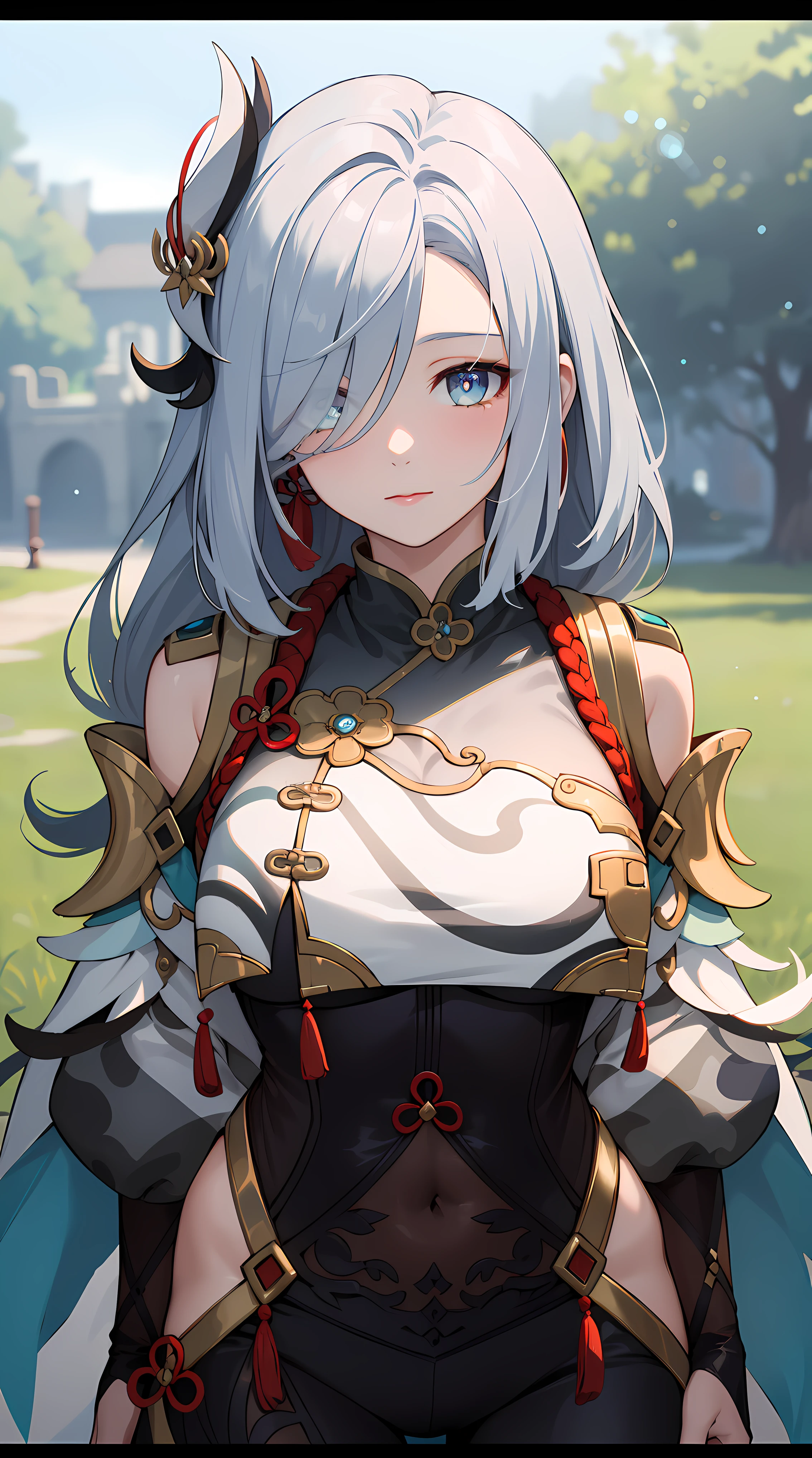 shenhernd, shenhedef, white flowing hair, no expression, cute, mature female, looking at viewer, professional artwork, Intricate Details, field of view, sharp focus, detailed painting, photorealistic lighting, trending on pixiv,(masterpiece:1.0),(best_quality:1.0), ultra high res, ultra-detailed, photography, 8K, HDR, highres, absurdres:1.2, Kodak portra 400, film grain, sharp focus, bokeh:1.2, lens flare, (vibrant_color:1.2),